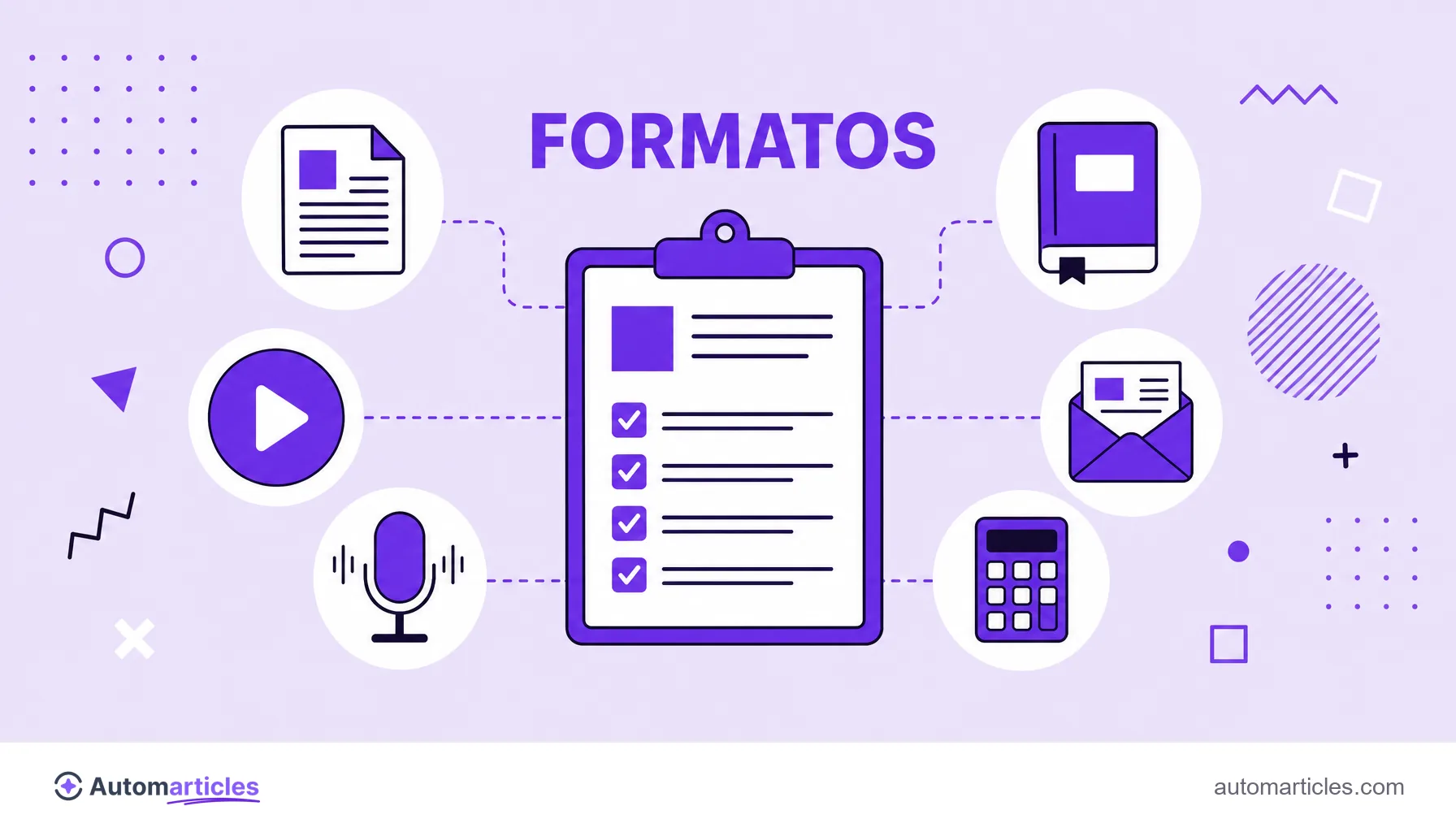Ilustração com ícones de artigo, vídeo, podcast, e-book, newsletter e ferramenta, representando os formatos de marketing de conteúdo.
