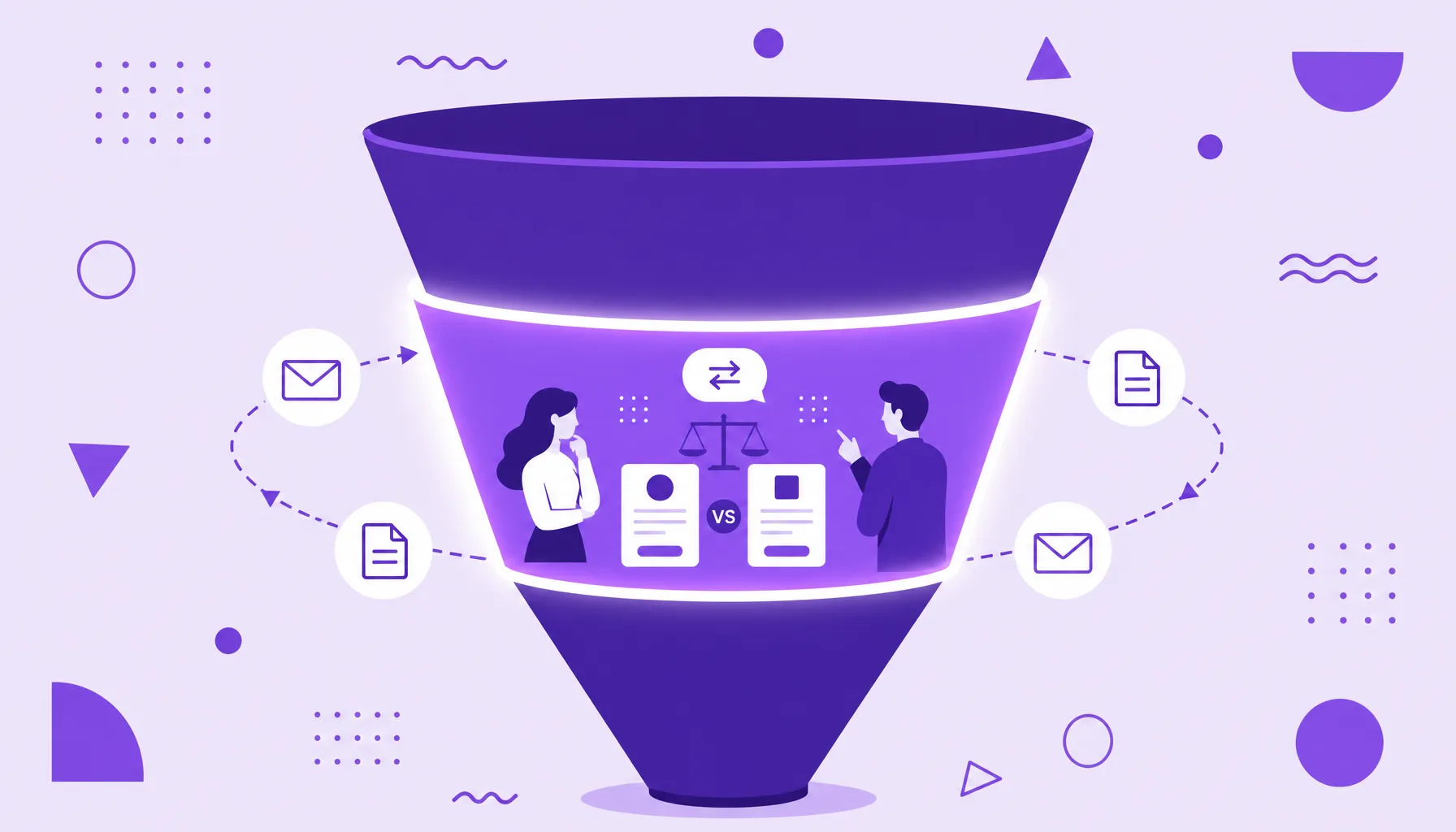 Illustration of a marketing funnel with the middle section highlighted, showing people comparing options, representing the middle of the funnel.