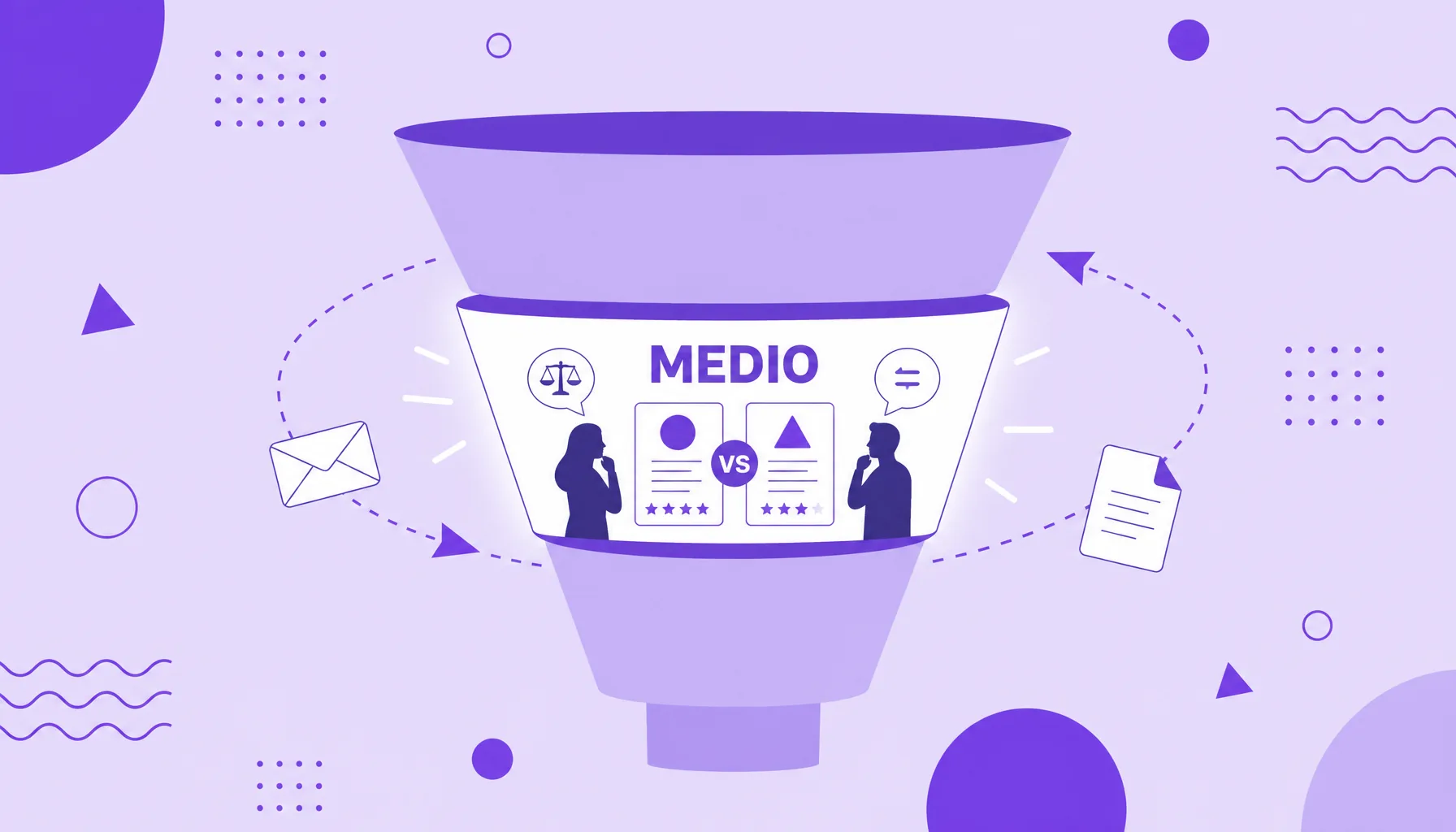 Ilustración de un embudo de marketing con la sección del medio destacada, que muestra personas comparando opciones, y representa el medio del embudo.