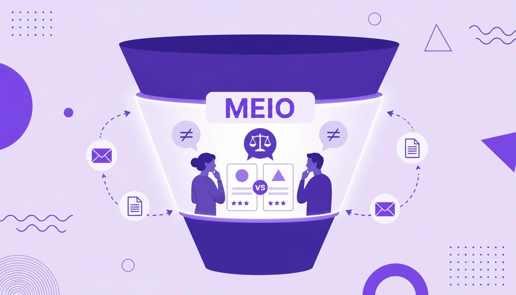 Ilustração de um funil de marketing com a parte do meio em destaque, mostrando pessoas comparando opções, representando o meio de funil.