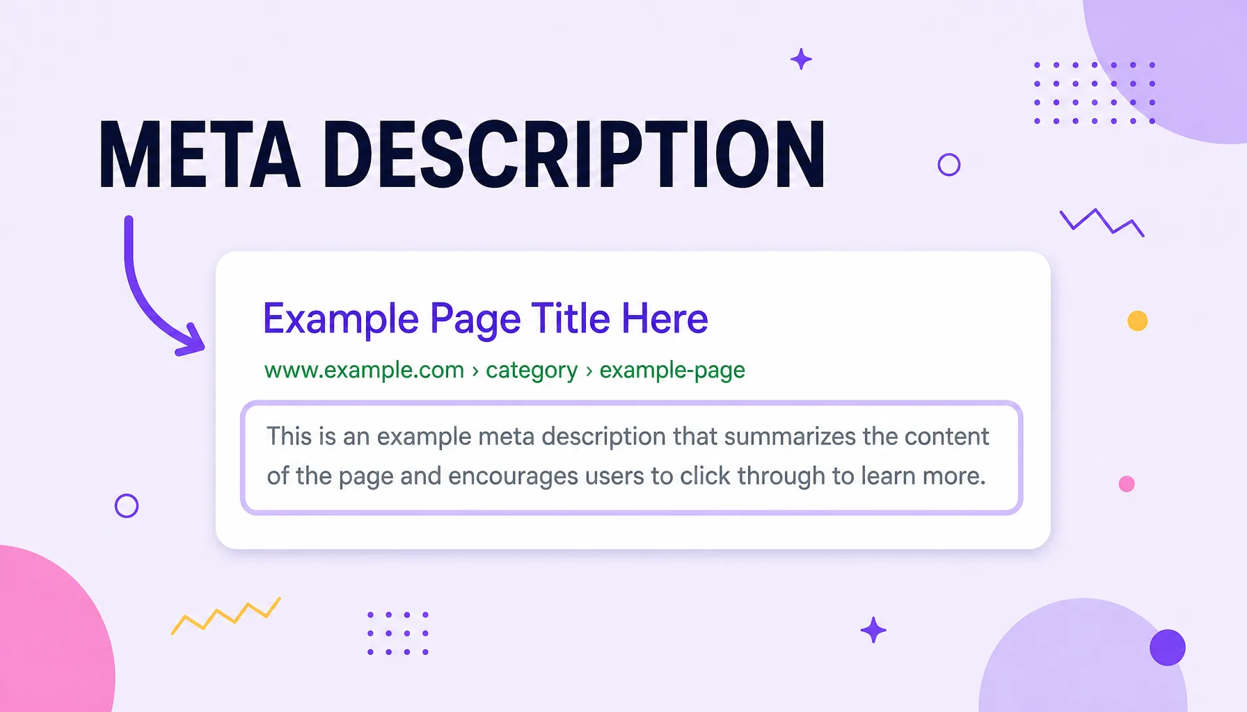 Flat illustration of a search result card with title, URL and the description line highlighted to represent the meta description.