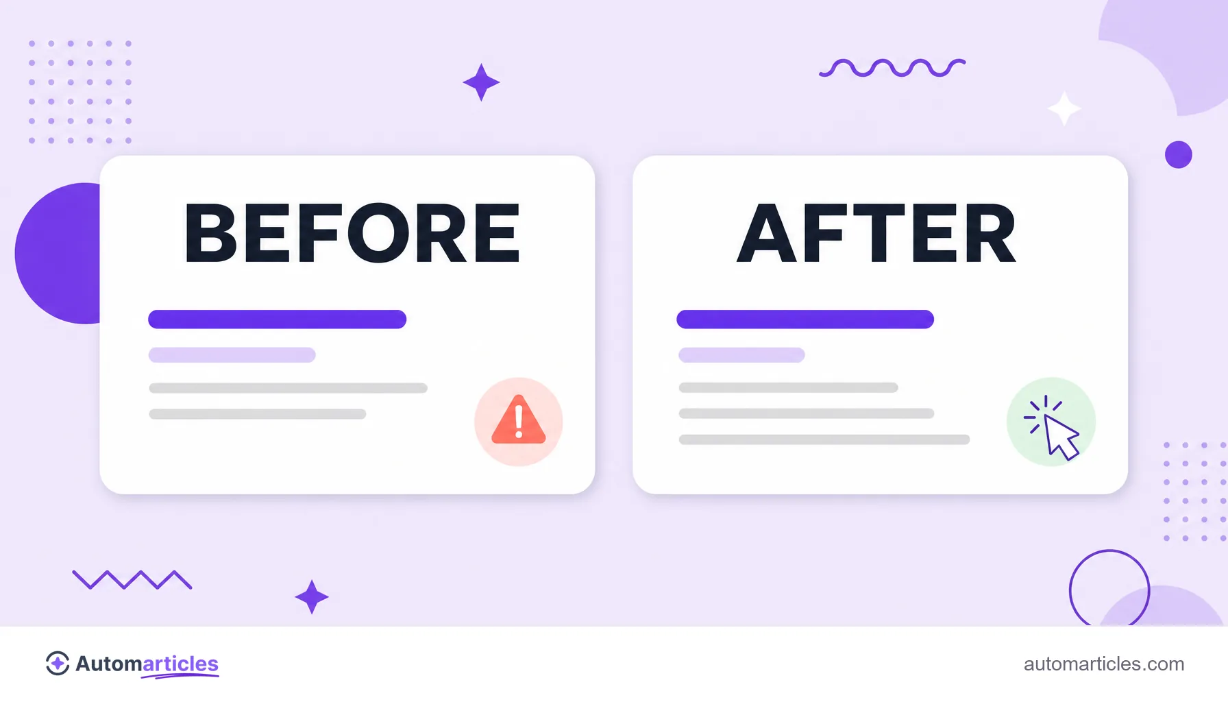 Before and after comparison of a meta description, with the generic version on one side and the optimized, clickable version on the other.