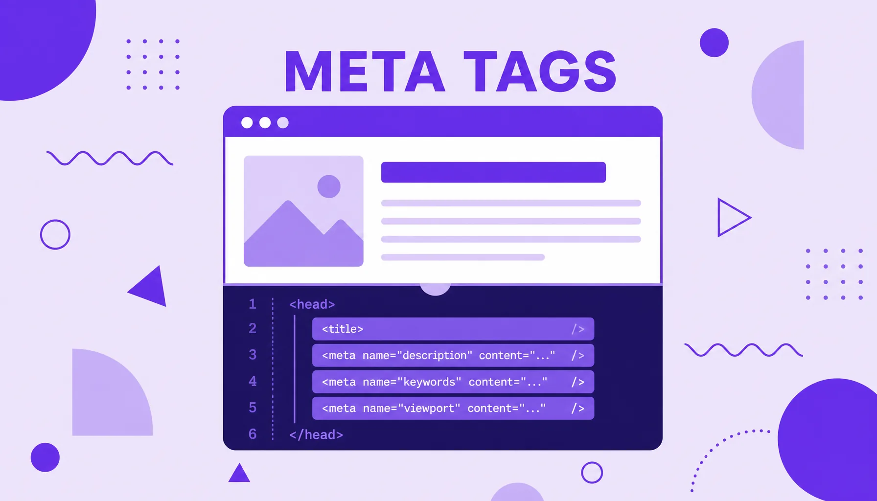 Illustration of a browser window with the visible part on top and stacked code tags (meta tags) at the bottom.
