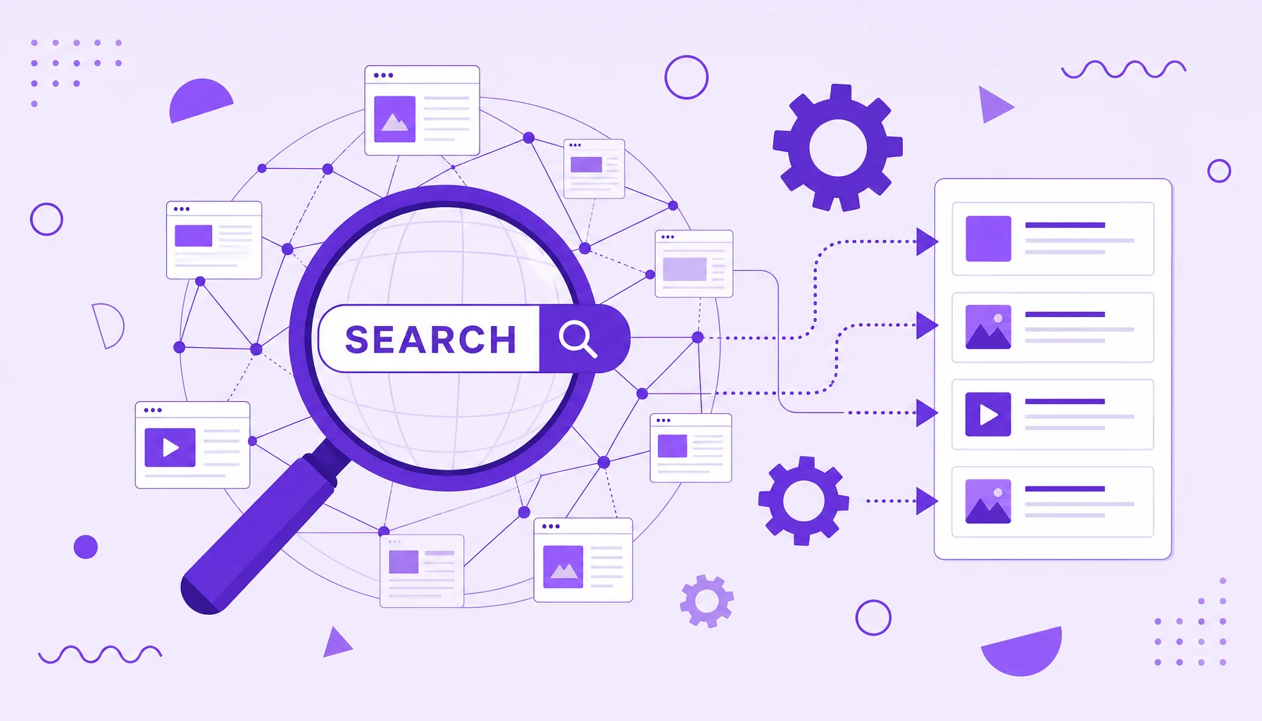 Illustration of a magnifying glass over a mesh of web pages being ordered into a list, representing a search engine.