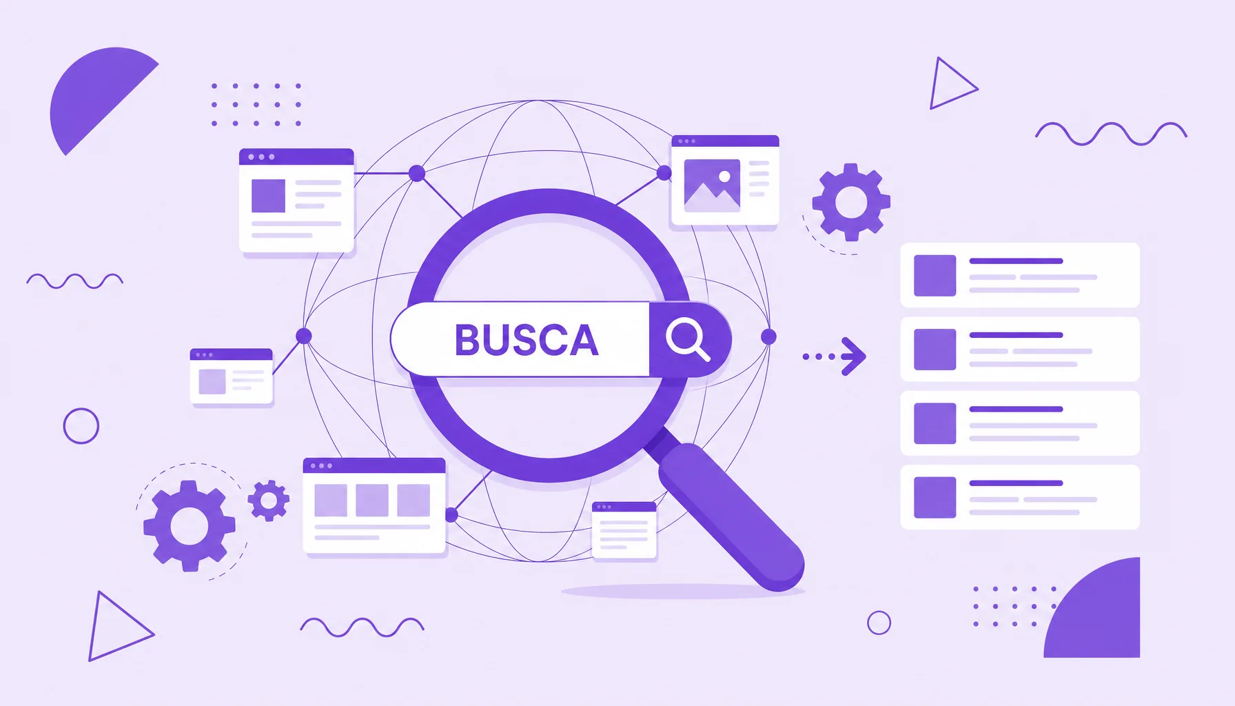 Ilustração de uma lupa sobre uma malha de páginas da web sendo ordenadas em uma lista, representando um motor de busca.