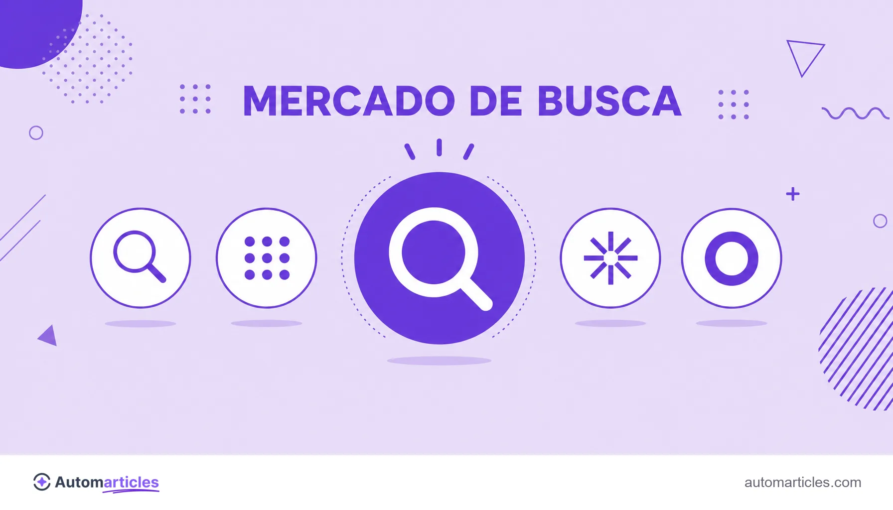 Ilustração de vários ícones de motores de busca lado a lado, com um deles muito maior representando a liderança do mercado.