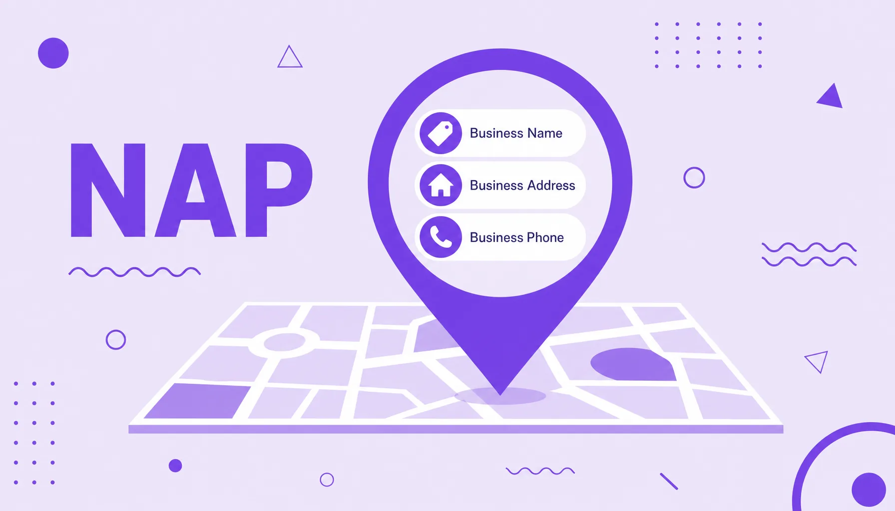 Illustration of a map pin with icons for a company name, address and phone, representing NAP in local SEO.