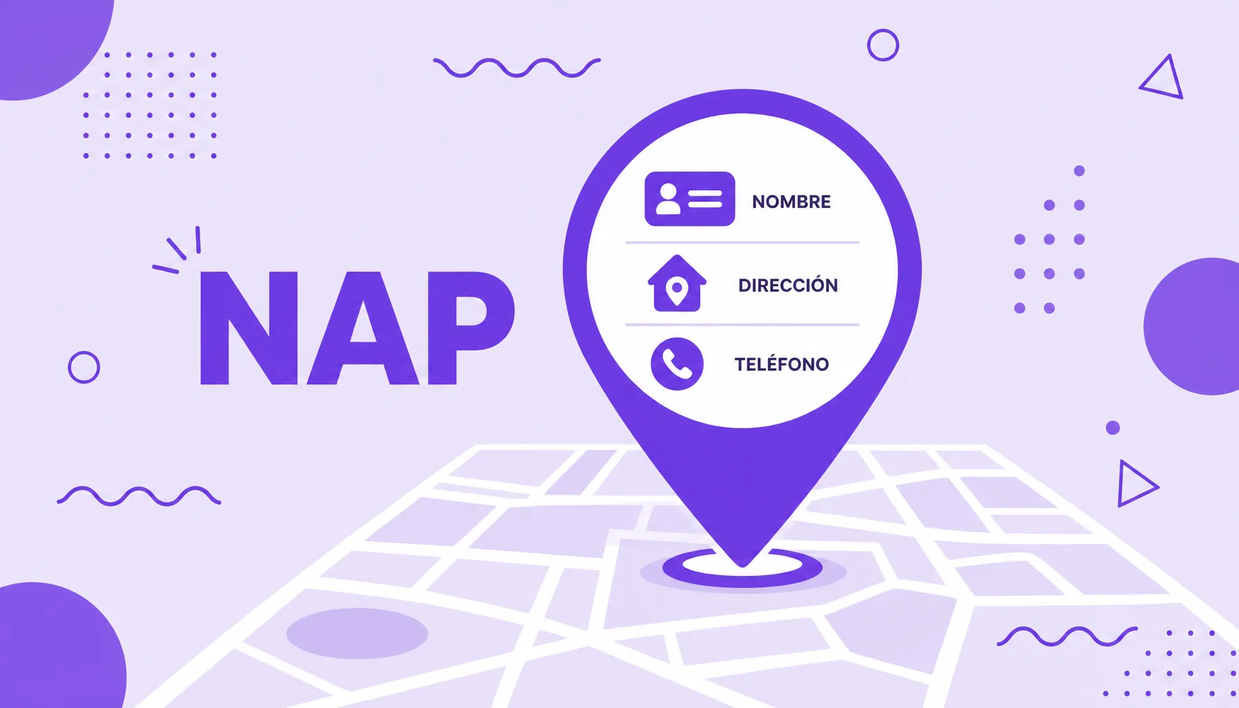 Ilustración de un pin de mapa con iconos de nombre, dirección y teléfono de una empresa, que representa el NAP en el SEO local.