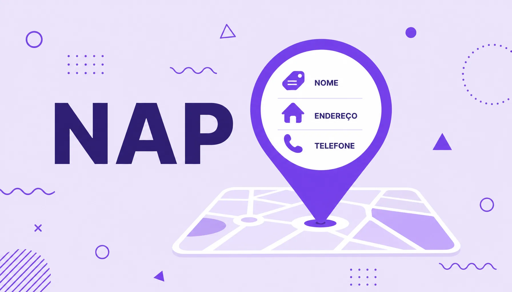 Ilustração de um pino de mapa com ícones de nome, endereço e telefone de uma empresa, representando o NAP no SEO local.