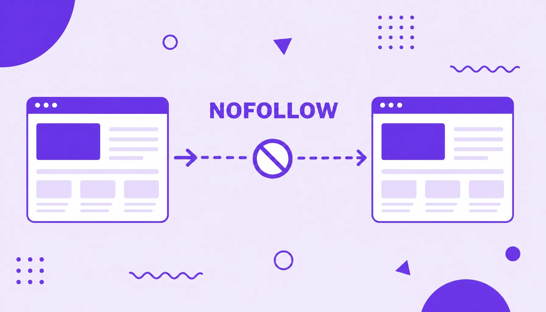 Illustration of a link between two sites with a blocking sign in the middle, representing a nofollow link that does not transfer authority.
