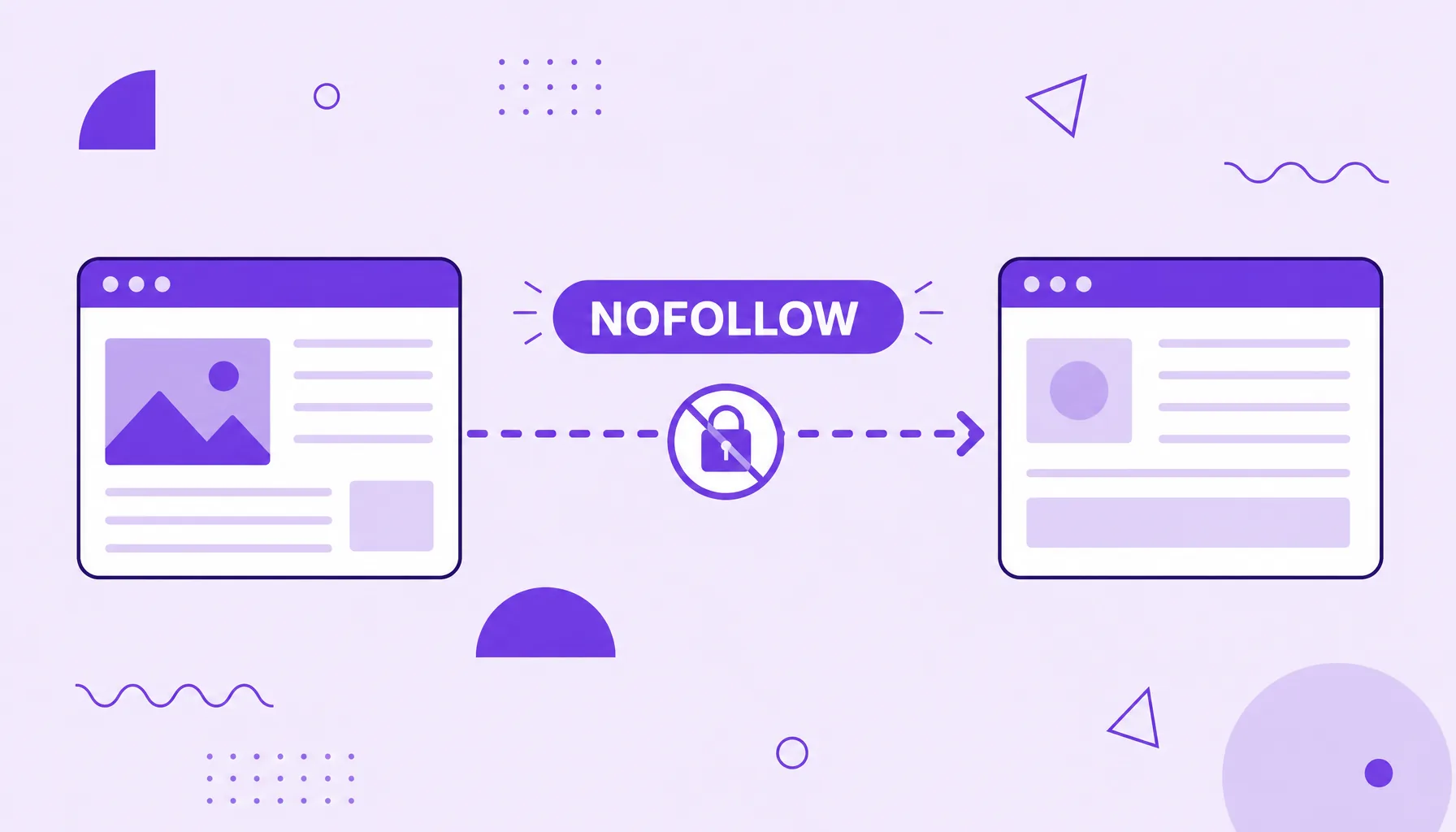 Ilustração de um link entre dois sites com uma placa de bloqueio no meio, representando um link nofollow que não transfere autoridade.