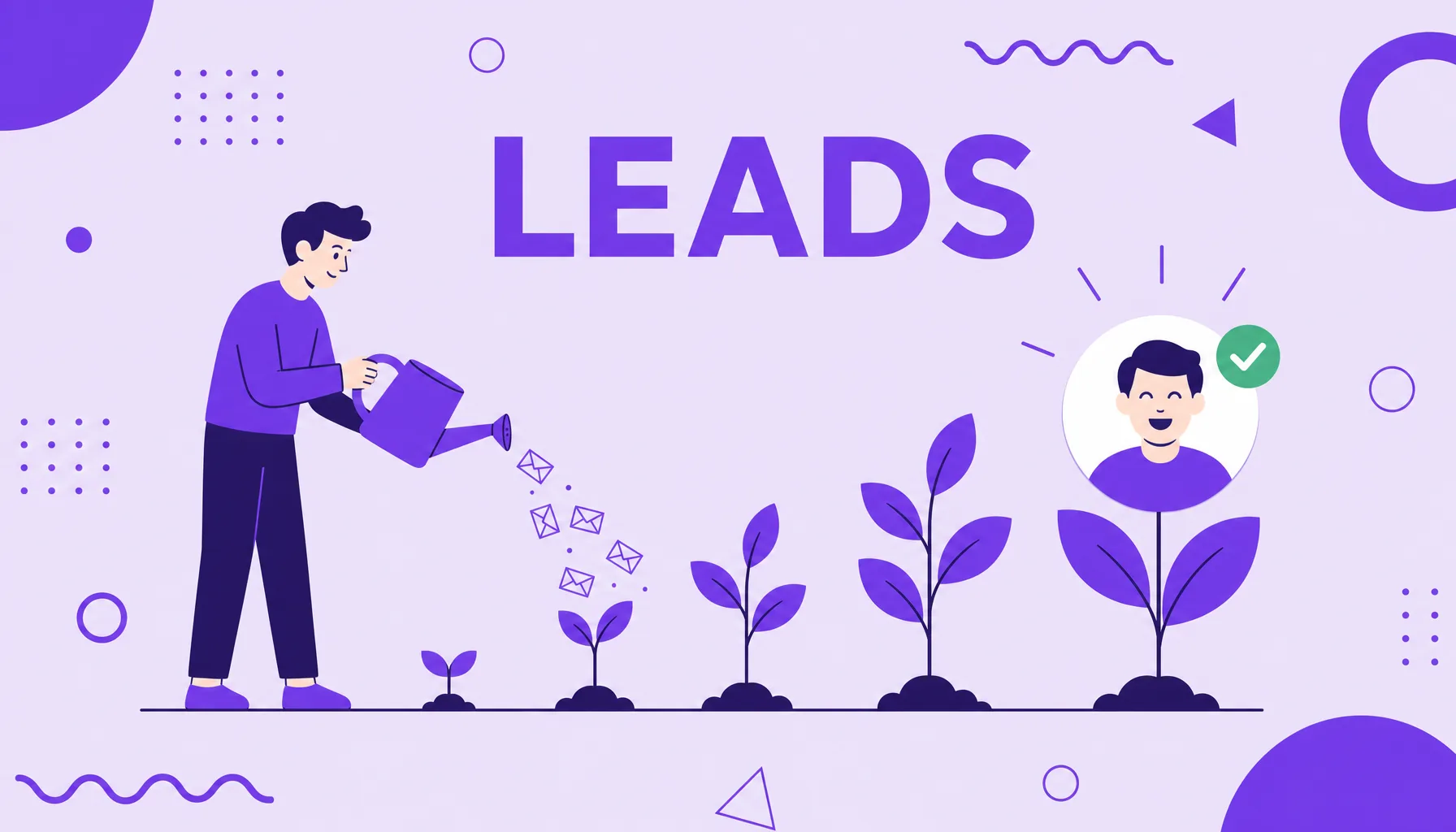 Illustration of a person watering sprouts that grow into a customer, representing lead nurturing.