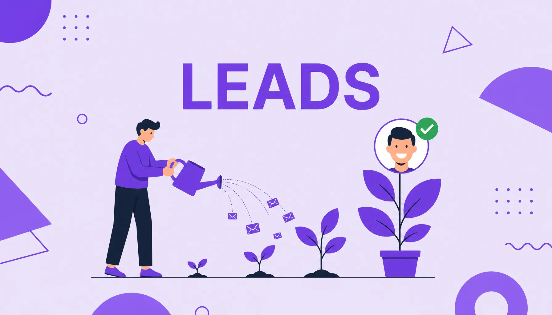 Ilustración de una persona regando brotes que crecen hasta convertirse en un cliente, que representa la nutrición de leads.