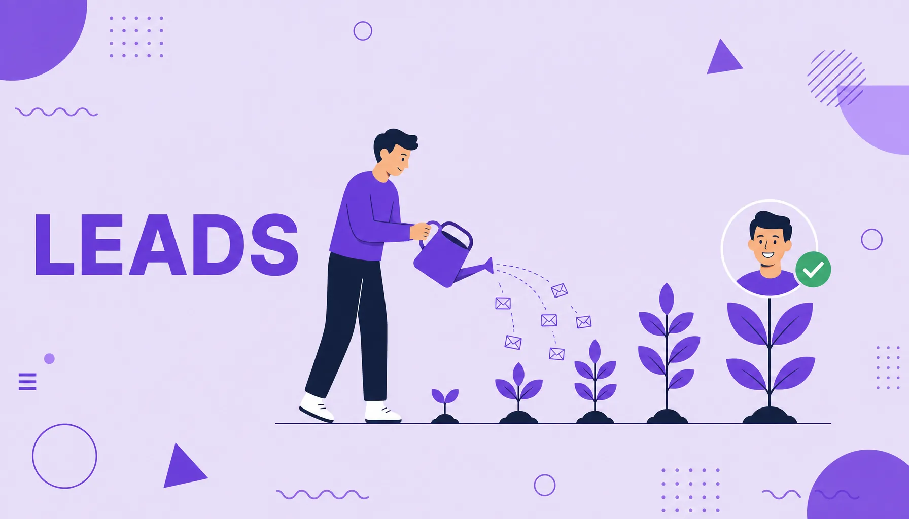 Ilustração de uma pessoa regando brotos que crescem até virar um cliente, representando a nutrição de leads.