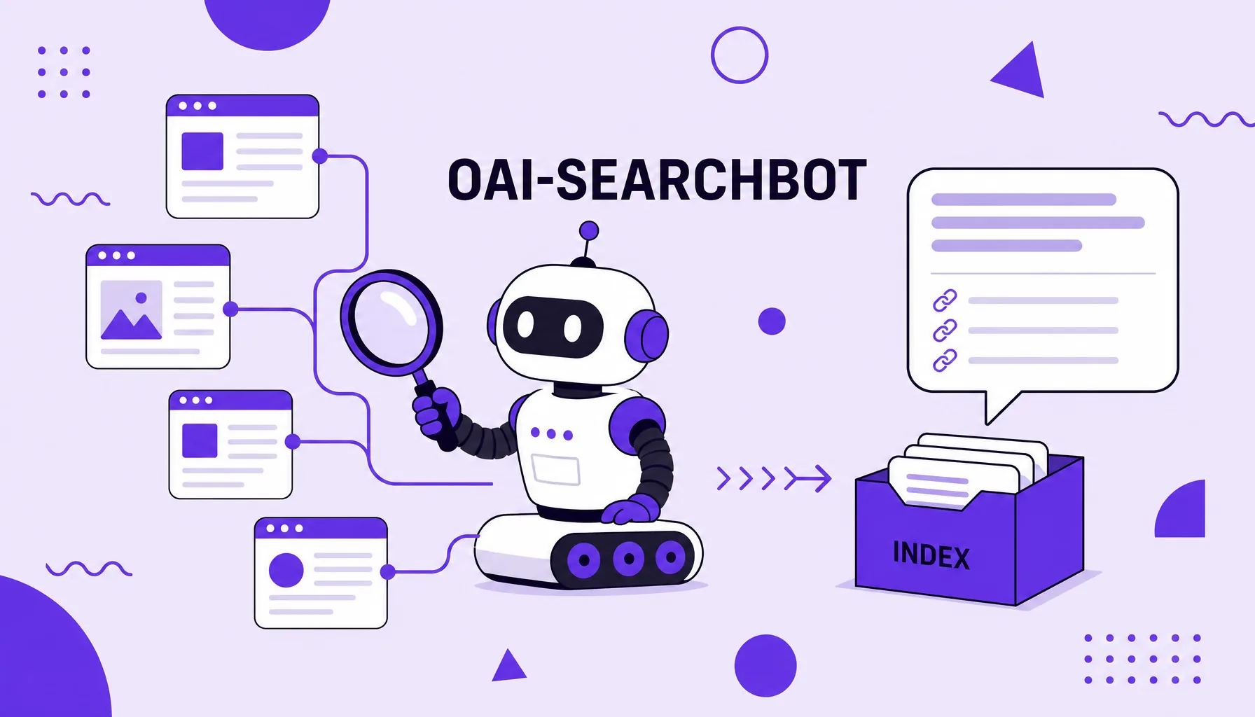 Illustration of a robot with a magnifying glass indexing pages into a chat balloon with sources, representing the OAI-SearchBot of ChatGPT search.