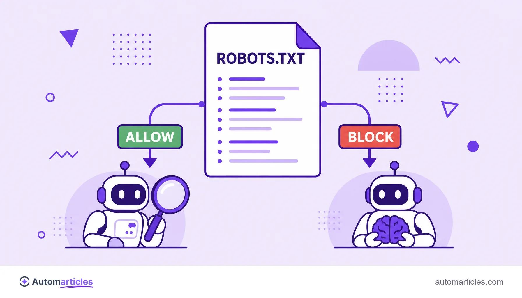 Illustration of a robots.txt allowing the search robot and blocking the training robot, representing separate control of OpenAI's bots.