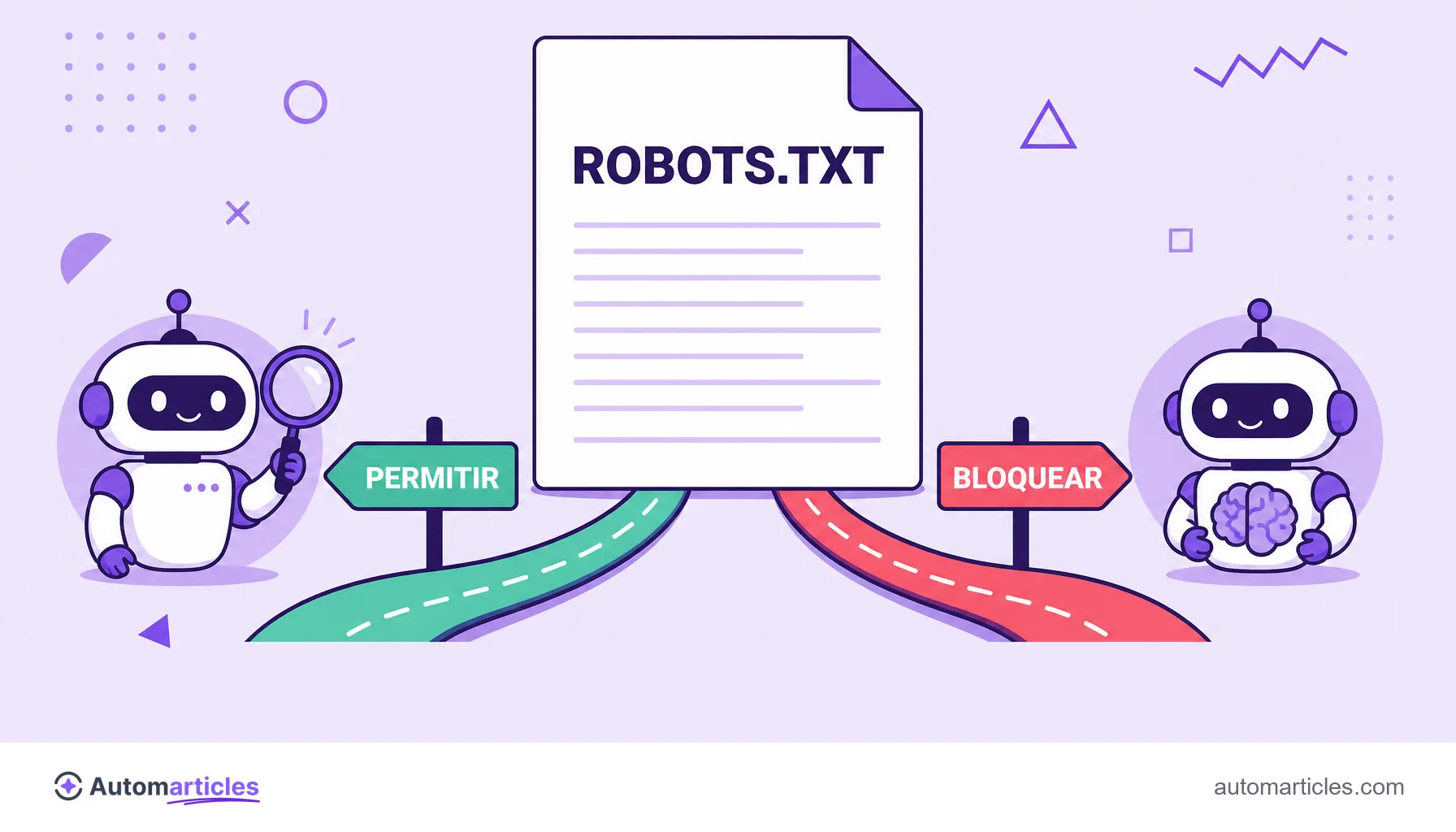 Ilustración de un robots.txt que permite el robot de búsqueda y bloquea el robot de entrenamiento, que representa el control por separado de los bots de OpenAI.