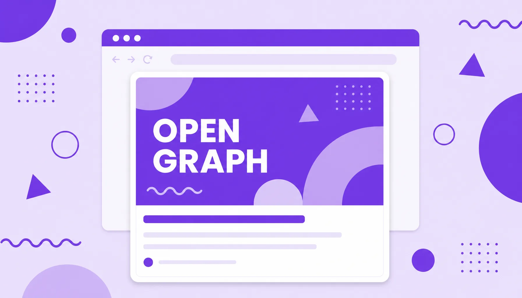 Illustration of a link preview card with image, title and description popping out of a browser, representing Open Graph.