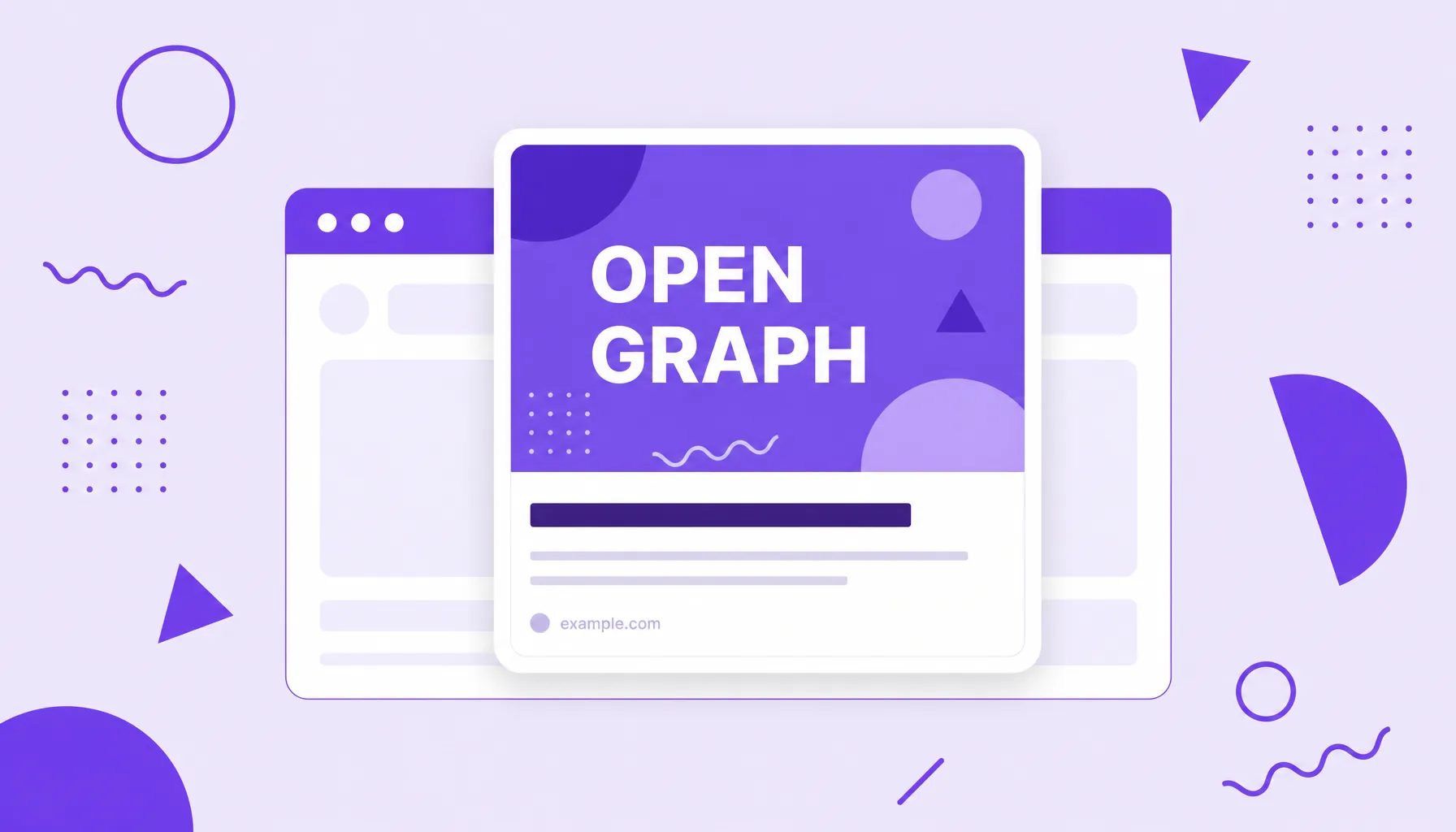 Ilustración de una tarjeta de vista previa de enlace con imagen, título y descripción que salta de un navegador, que representa el Open Graph.