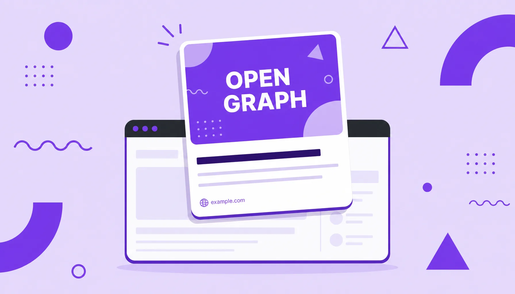 Ilustração de um cartão de pré-visualização de link com imagem, título e descrição saltando de um navegador, representando o Open Graph.