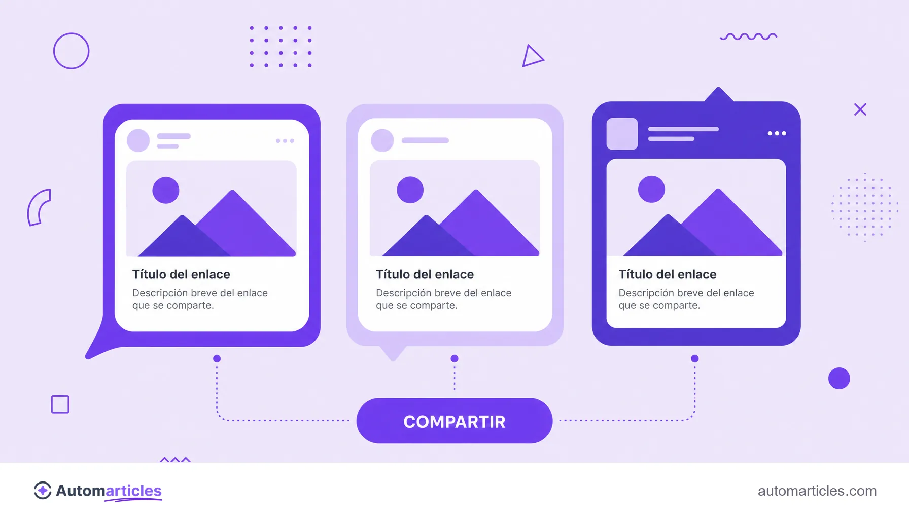 Ilustración de la misma tarjeta de enlace apareciendo igual en tres redes diferentes, que muestra el Open Graph como estándar de compartición.