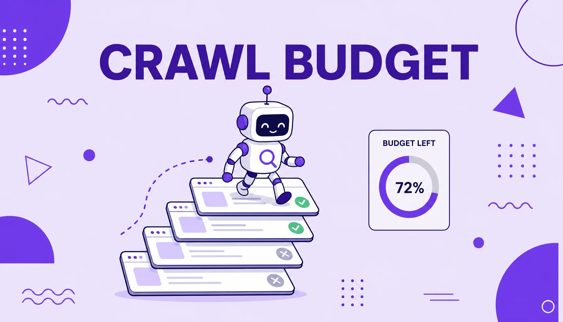 Ilustración de un robot rastreador recorriendo una pila de páginas con un medidor de presupuesto al lado, que representa el crawl budget.