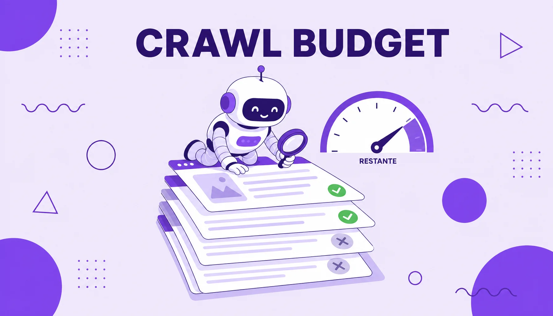 Ilustração de um robô rastreador percorrendo uma pilha de páginas com um medidor de orçamento ao lado, representando o crawl budget.