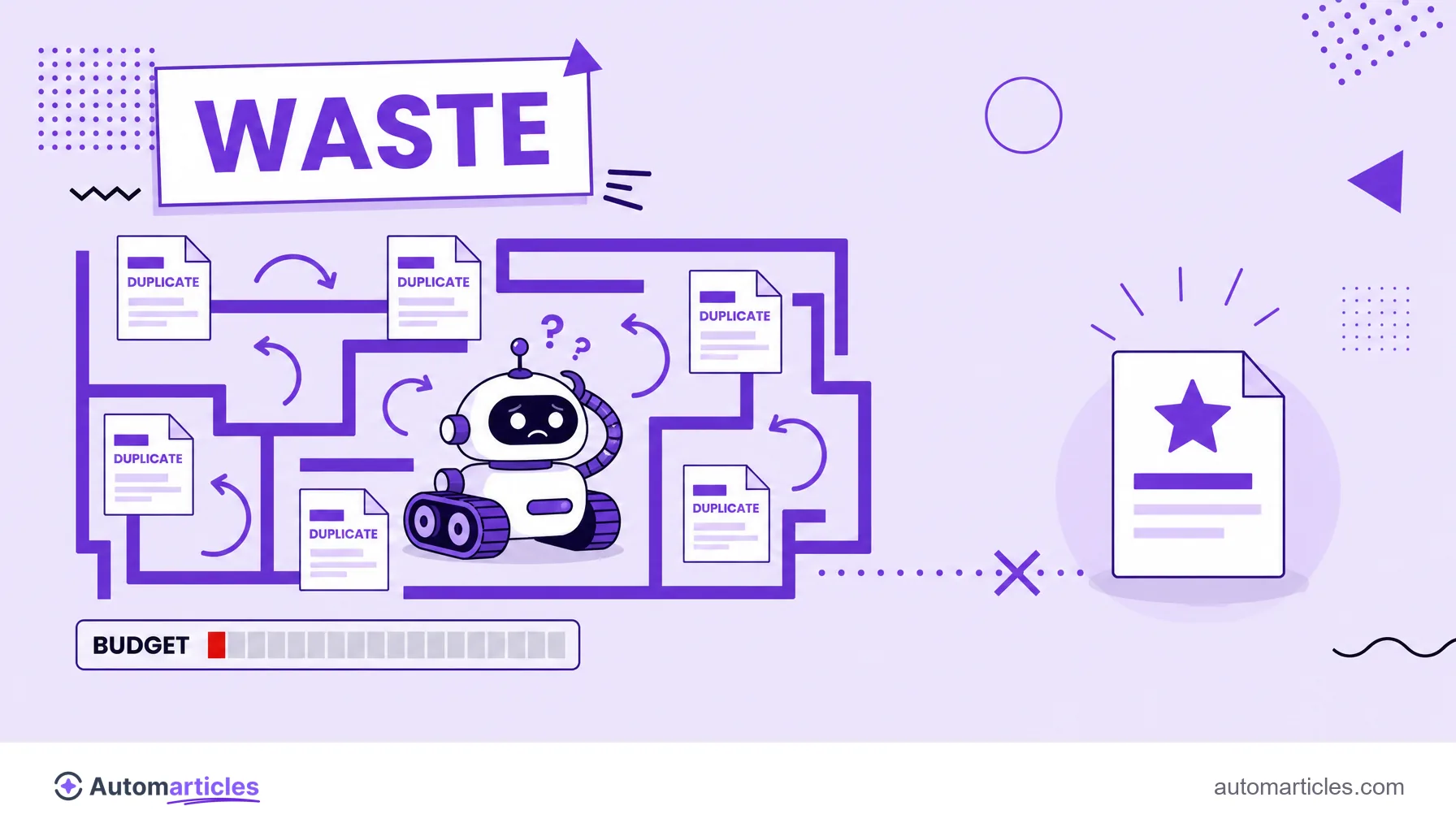 Illustration of a crawler robot lost among duplicate pages and redirects, with the budget meter nearly empty, showing wasted crawl budget.