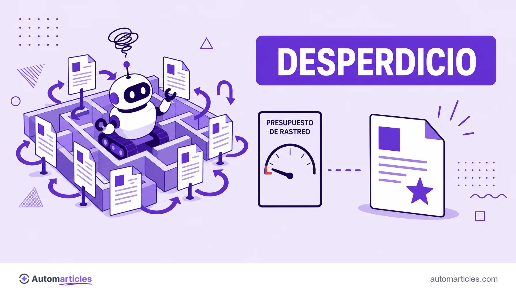 Ilustración de un robot rastreador perdido entre páginas duplicadas y redirecciones, con el medidor de presupuesto casi vacío, que muestra el desperdicio de crawl budget.