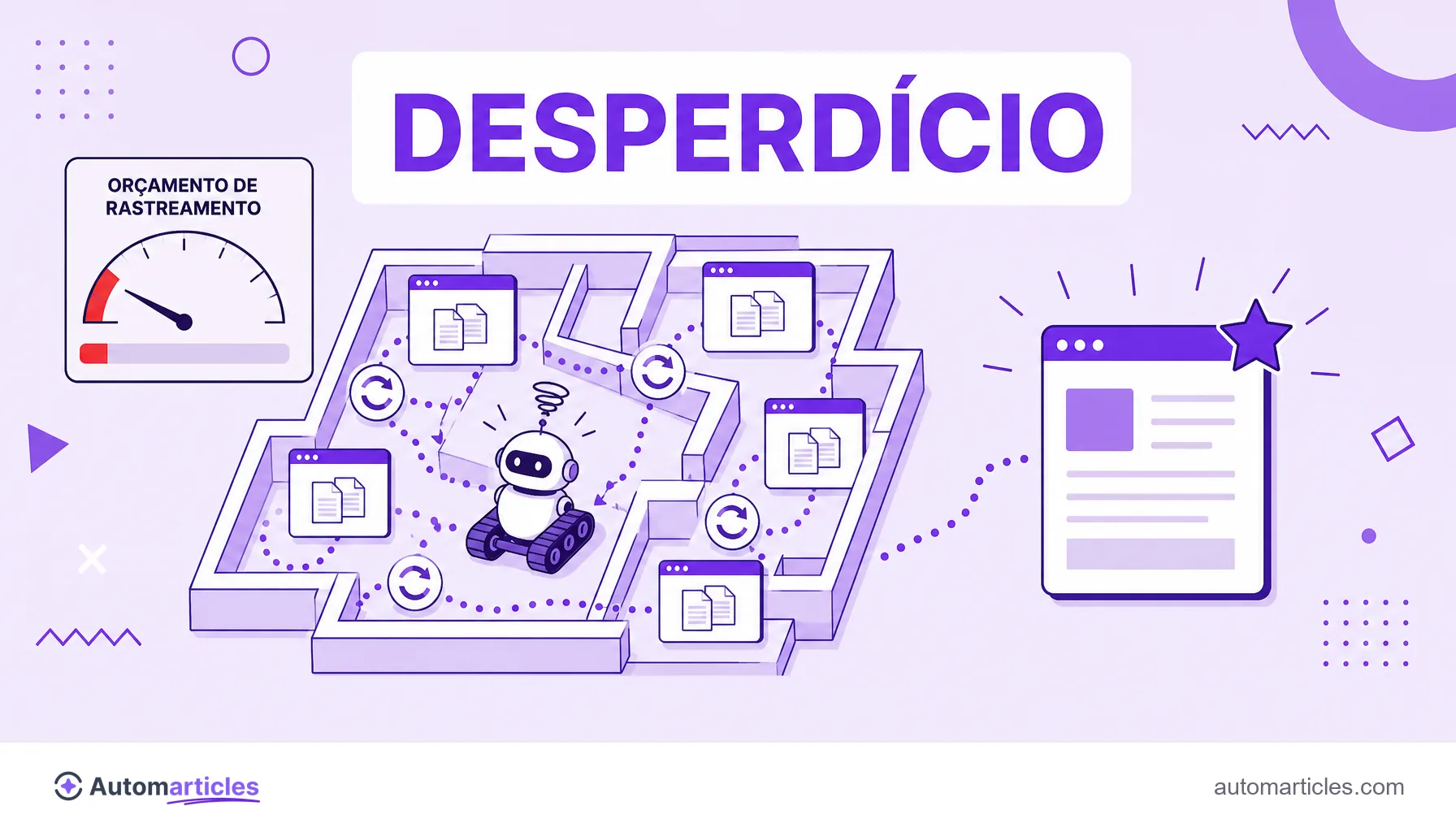 Ilustração de um robô rastreador perdido entre páginas duplicadas e redirecionamentos, com o medidor de orçamento quase vazio, mostrando o desperdício de crawl budget.