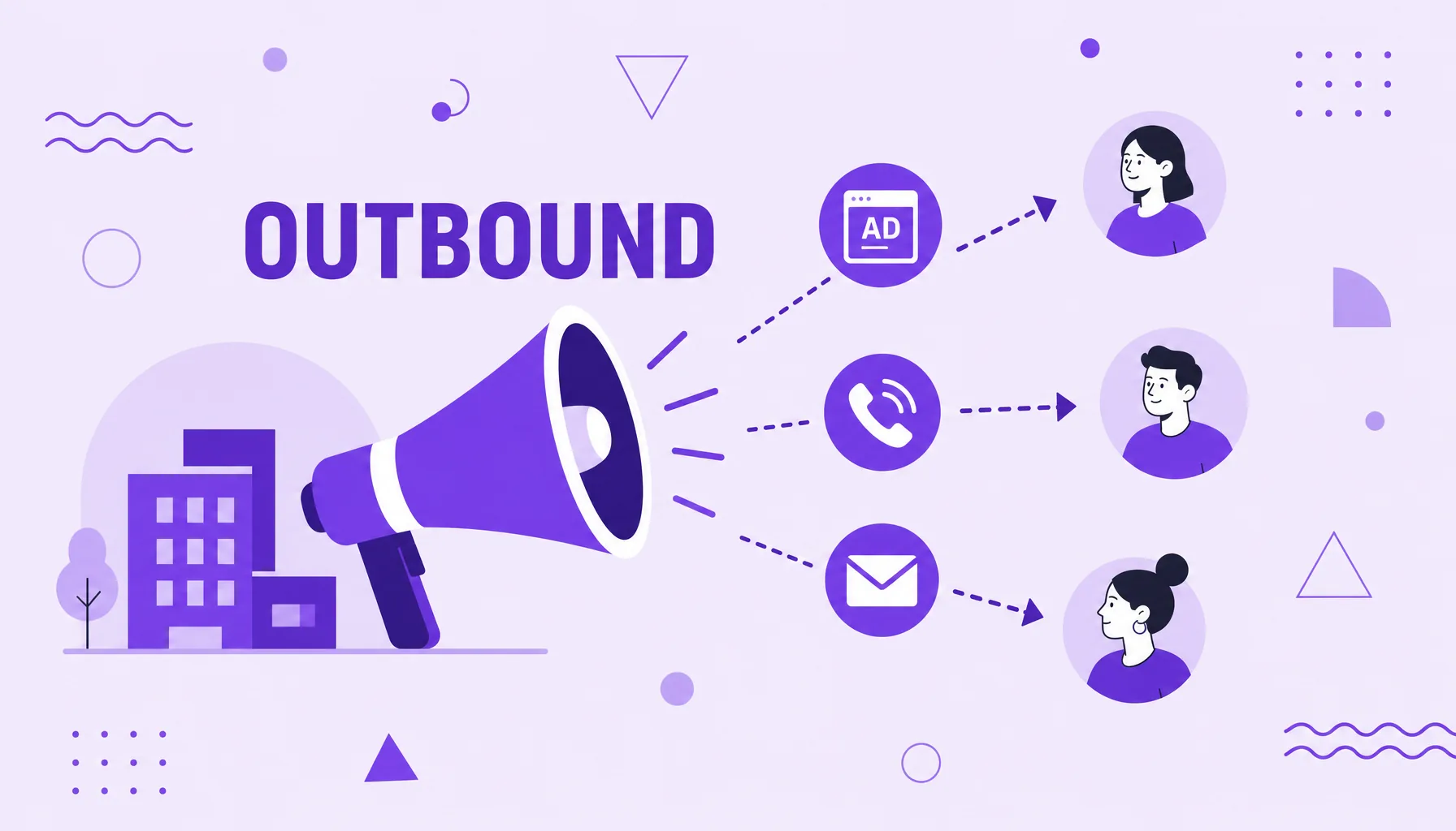Illustration of a megaphone emitting ad, phone and email icons toward people, representing active outbound marketing.