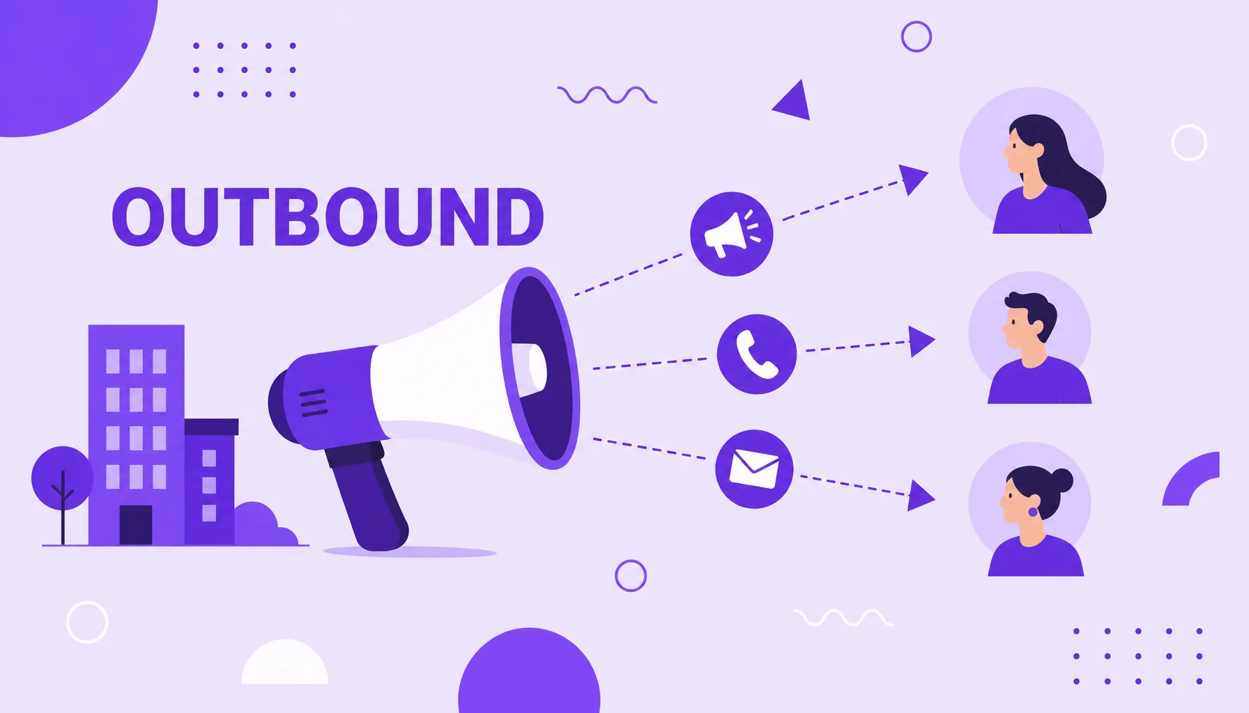 Ilustración de un megáfono que emite iconos de anuncio, teléfono y email hacia personas, que representa el outbound marketing activo.