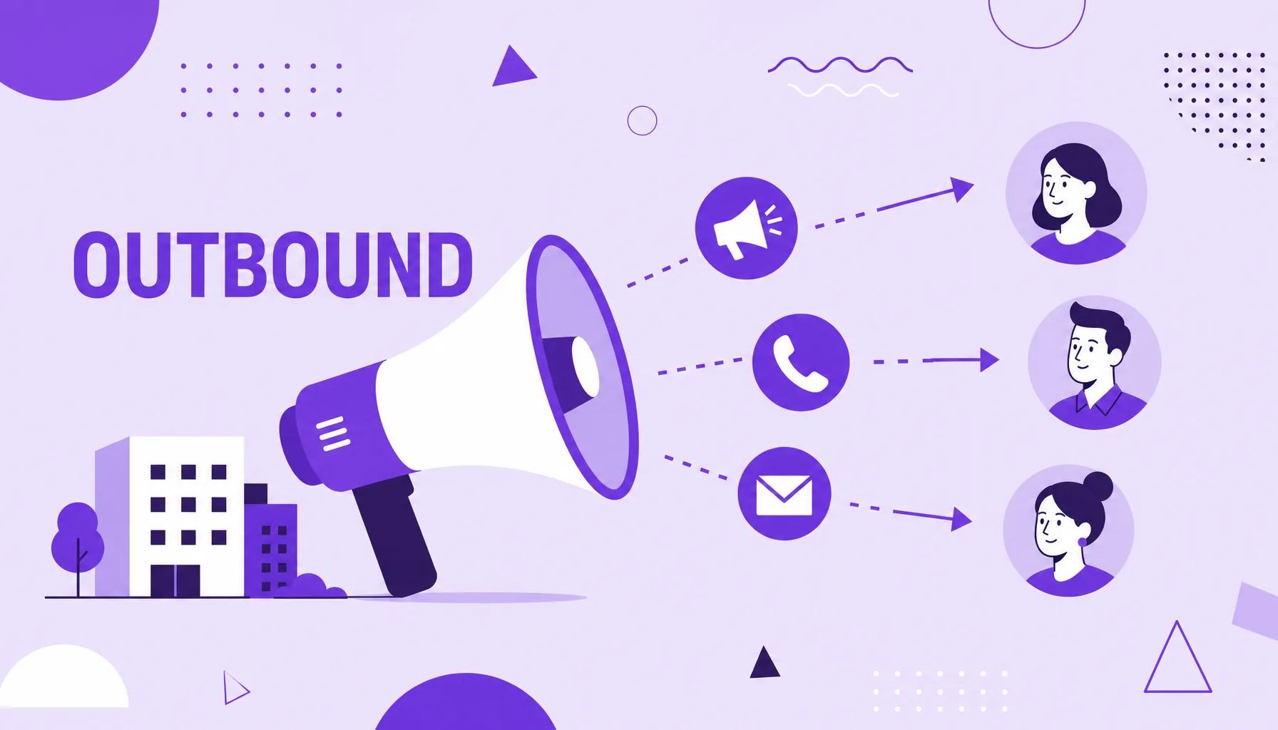 Ilustração de um megafone emitindo ícones de anuncio, telefone e e-mail em direção a pessoas, representando o outbound marketing ativo.