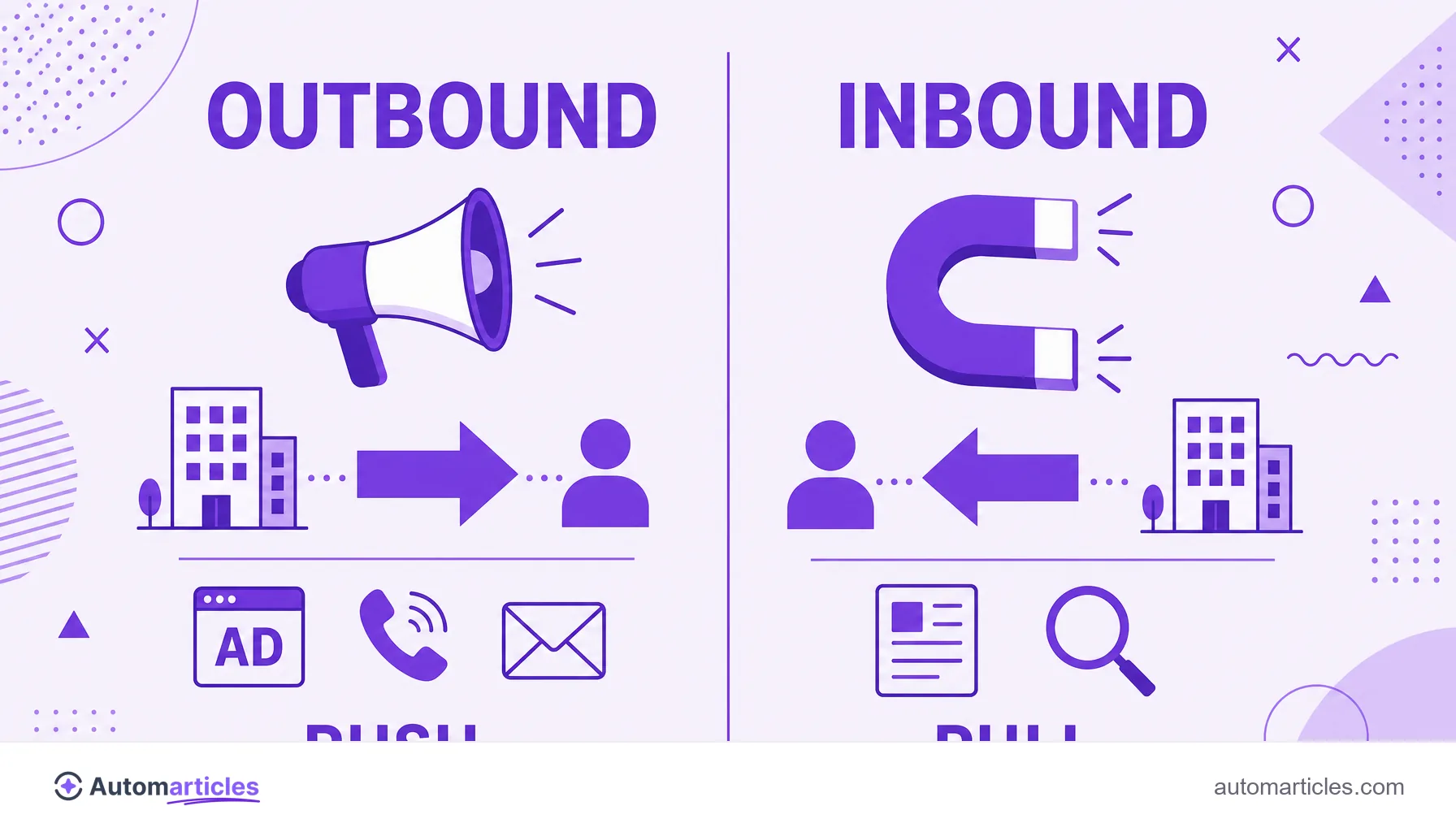 Infographic comparing outbound, which pushes the message to the customer, and inbound, which attracts the customer to the company, in two columns.