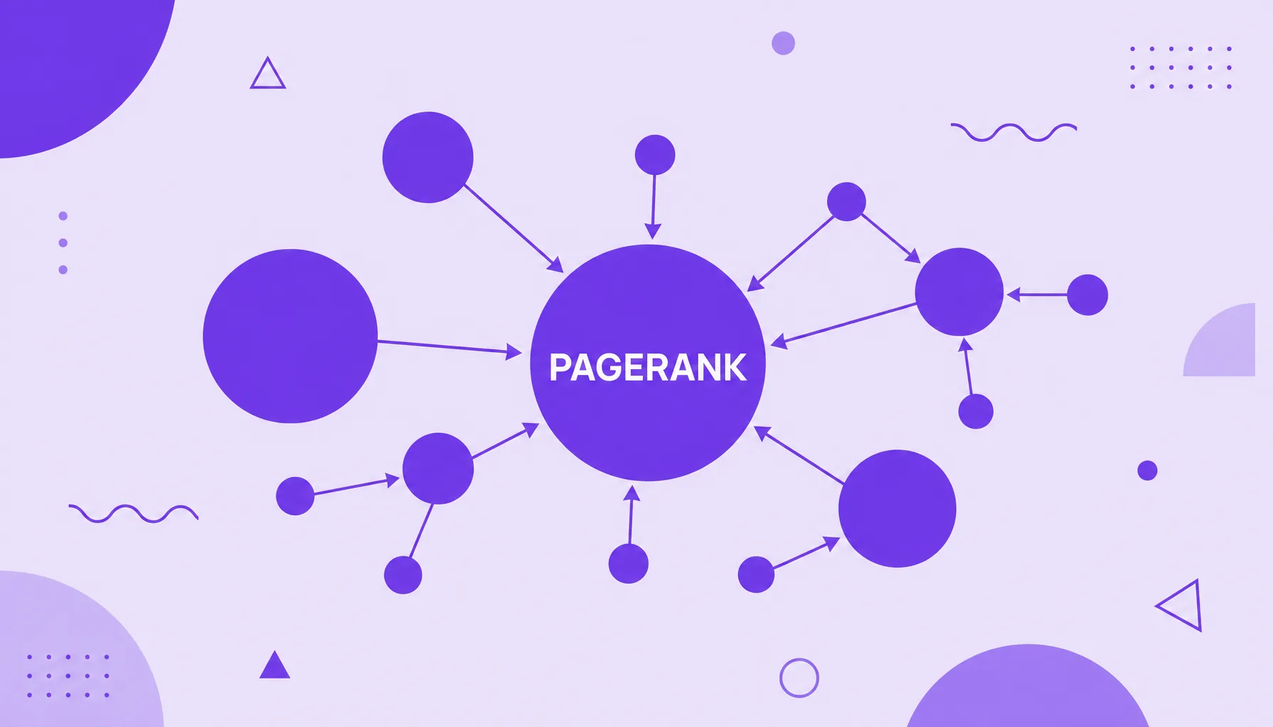 Ilustración de una red de páginas conectadas por enlaces, con nodos mayores que representan páginas con PageRank más alto.