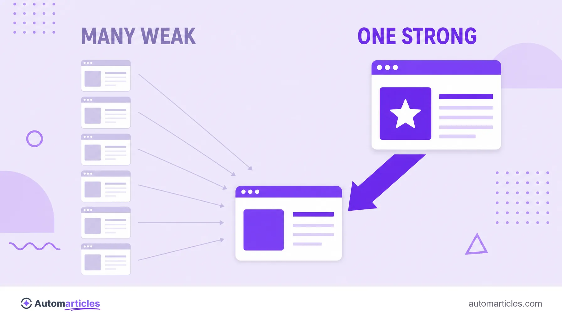 Illustration comparing many weak backlinks with a single strong backlink pointing to the same page.