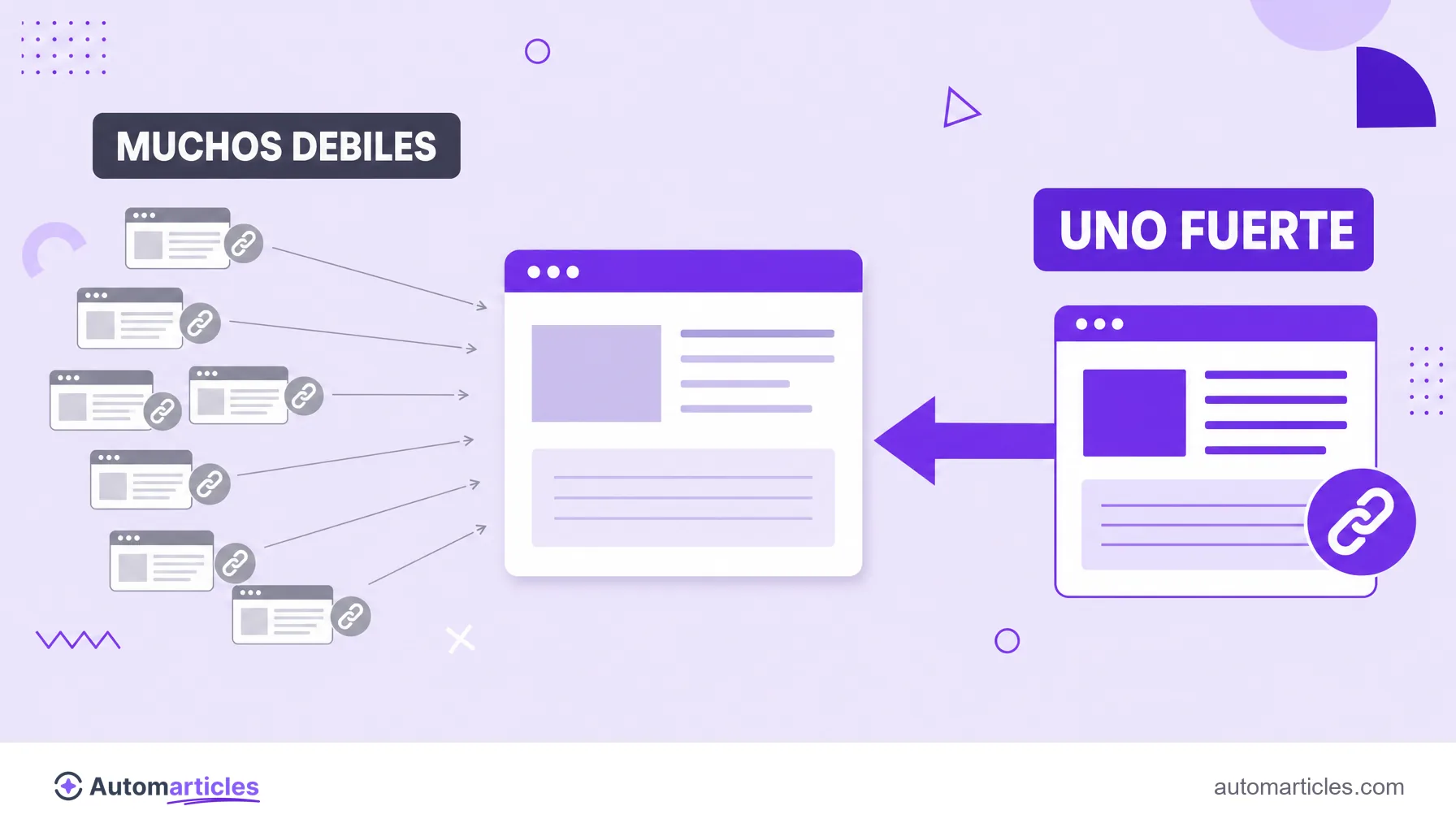Ilustración que compara muchos backlinks débiles con un único backlink fuerte que apunta a la misma página.