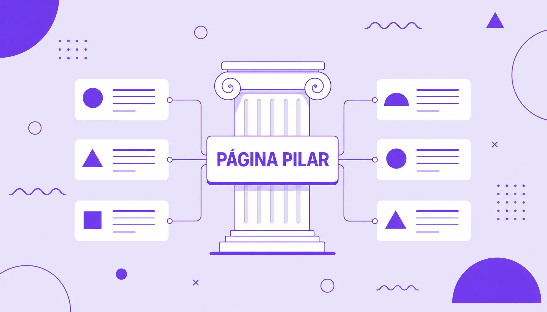 Ilustración de una columna central rotulada página pilar que sostiene varias tarjetas de artículos conectadas por líneas.