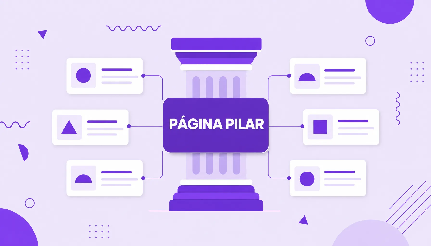 Ilustração de uma coluna central rotulada página pilar sustentando vários cartões de artigos conectados por linhas.