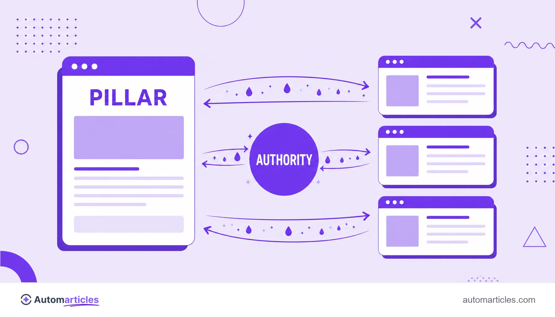 Illustration of two-way internal links distributing authority between the pillar page and the cluster articles.