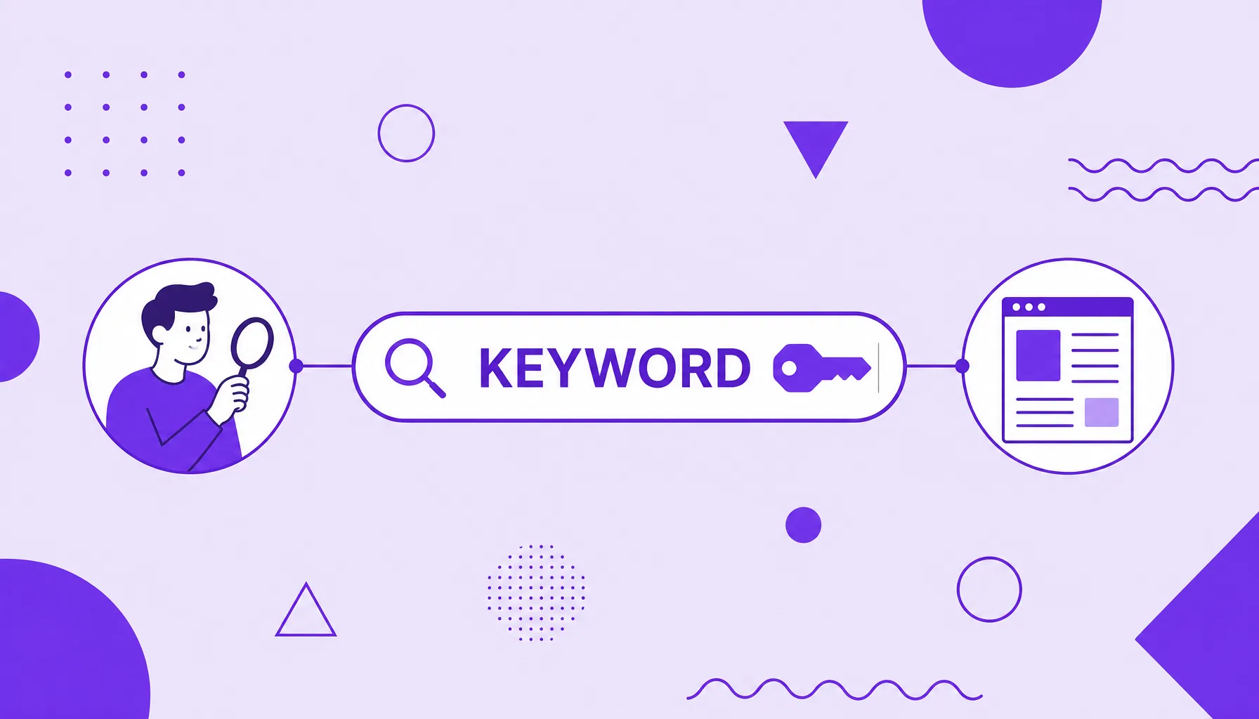 Illustration of a search bar with a key icon representing the keyword, connecting a user who searches to a content page.