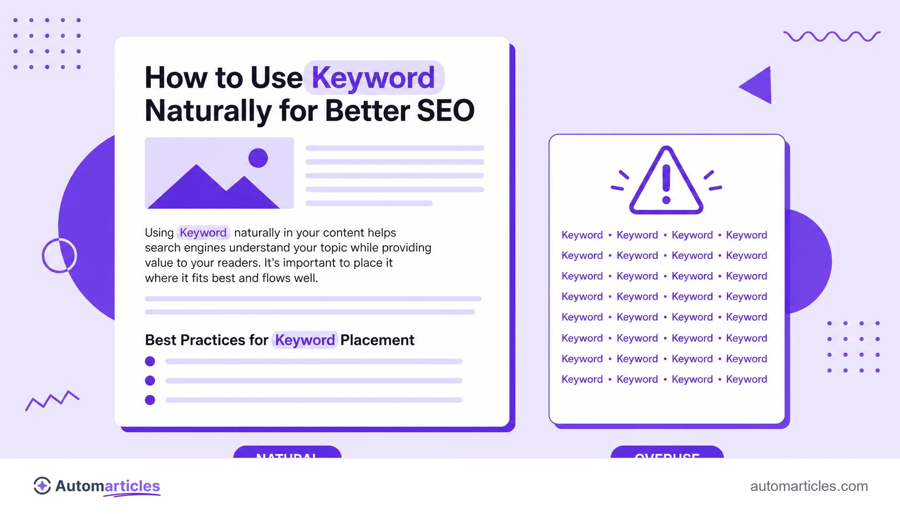 Illustration of a page with the keyword used naturally in the title, the first paragraph and a subheading, contrasted with the overuse of repetition.
