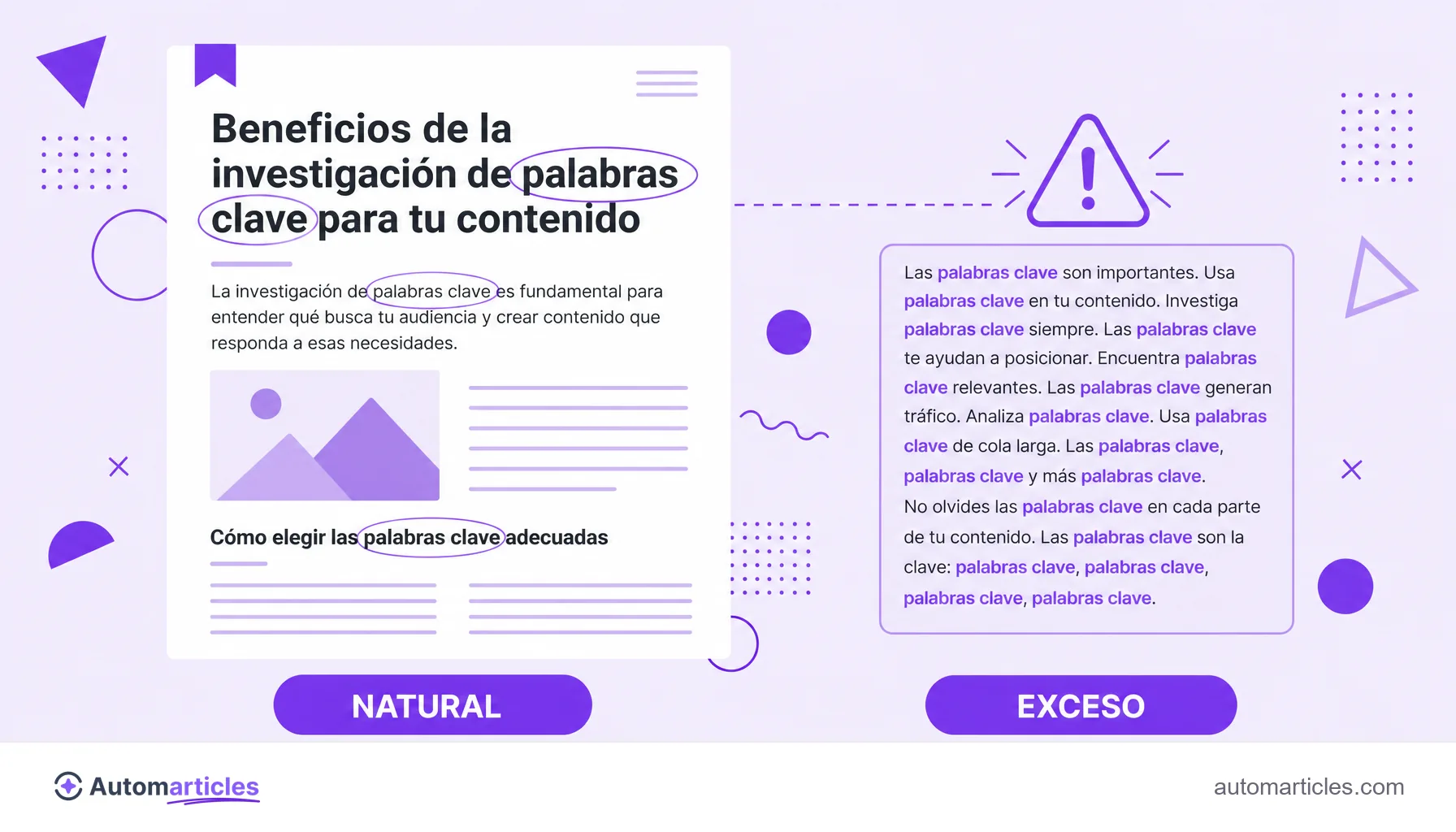 Ilustración de una página con la palabra clave usada de forma natural en el título, el primer párrafo y un subtítulo, en contraste con el exceso de repetición.