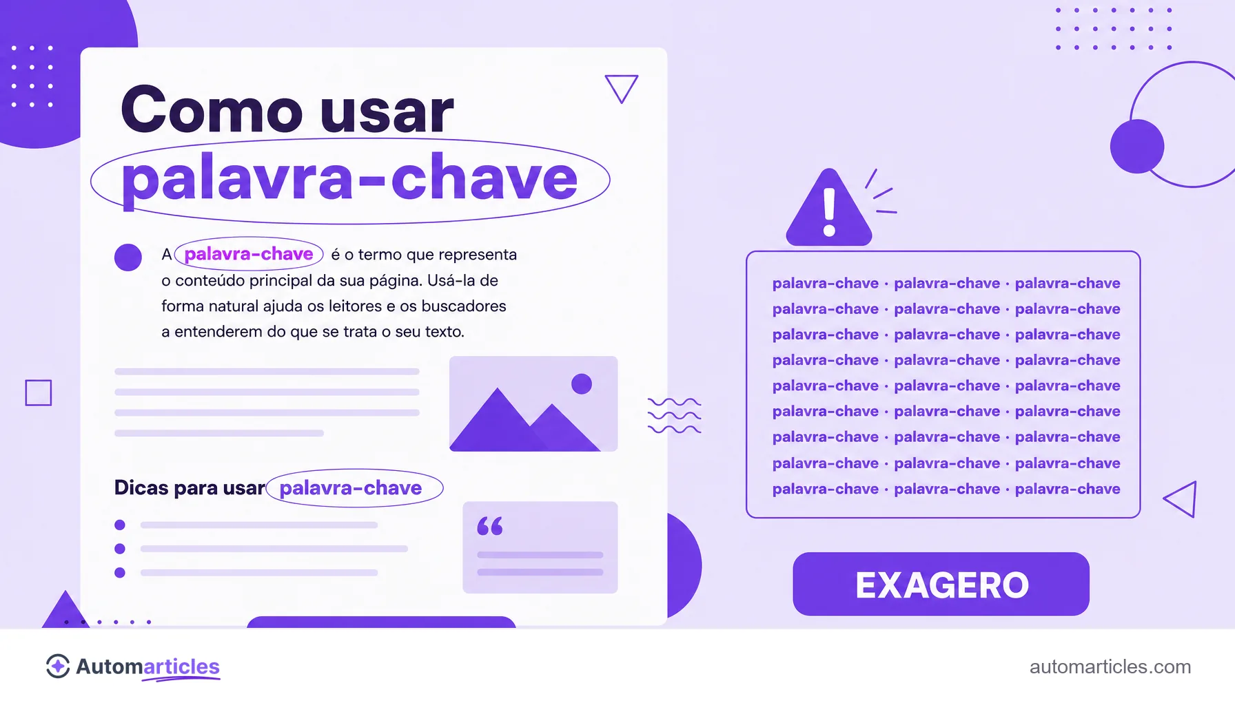 Ilustração de uma página com a palavra-chave usada de forma natural no título, no primeiro parágrafo e em um subtítulo, contrastando com o exagero de repetição.