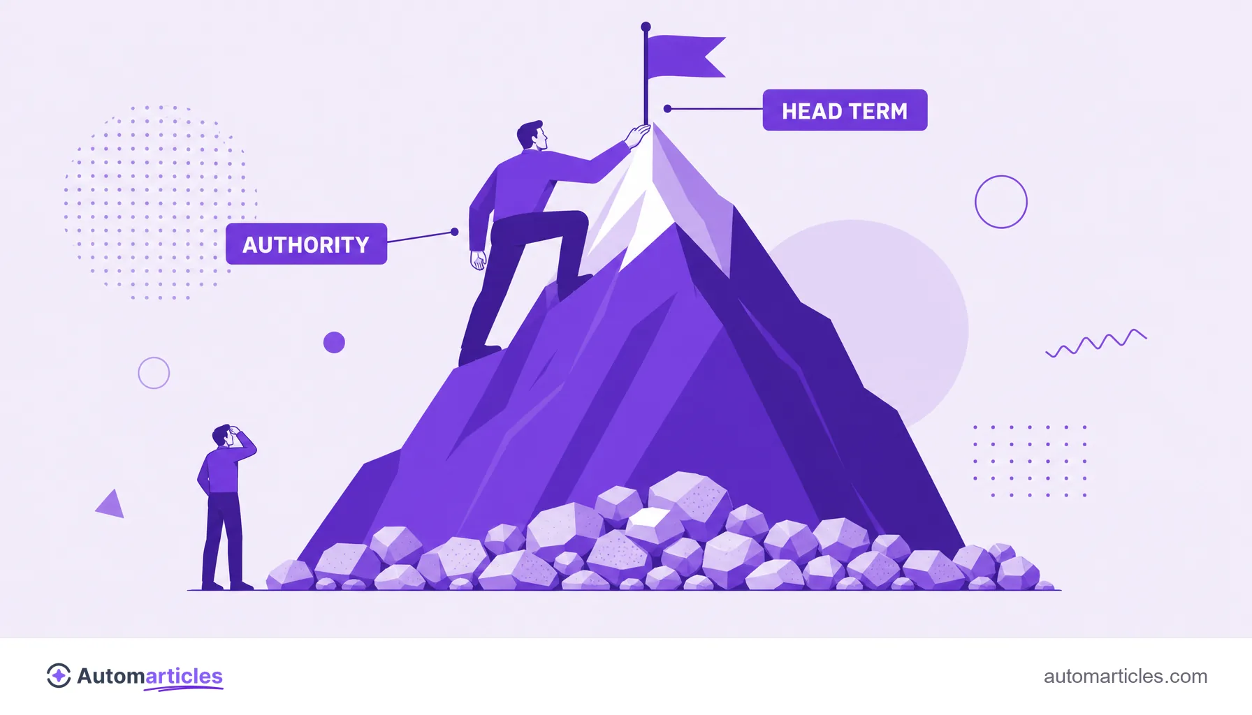 Illustration of a mountain with a flag at the summit representing a head term reached by an authoritative site.