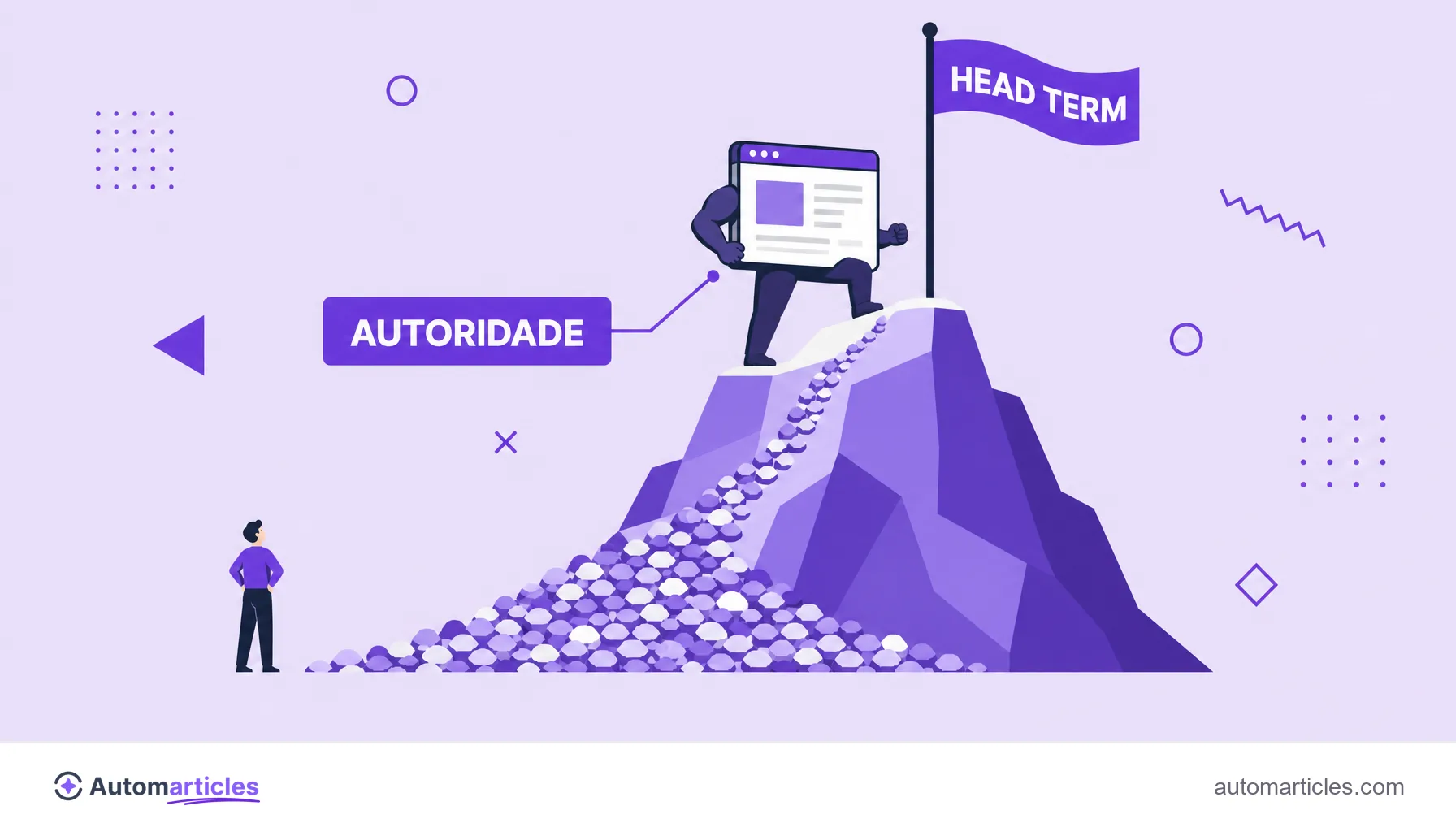 Ilustração de uma montanha com uma bandeira no cume representando um head term alcançado por um site com autoridade.