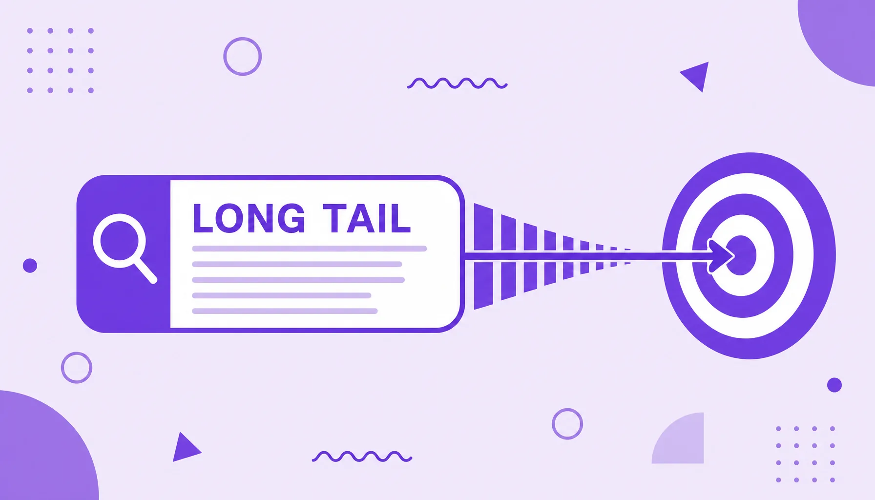 Illustration of a search bar with a long phrase hitting the center of a target, representing the high intent of a long-tail keyword.