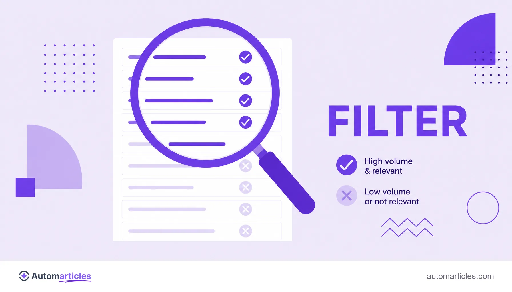 Illustration of a keyword list being filtered with a magnifying glass, marking the chosen ones and discarding the rest.
