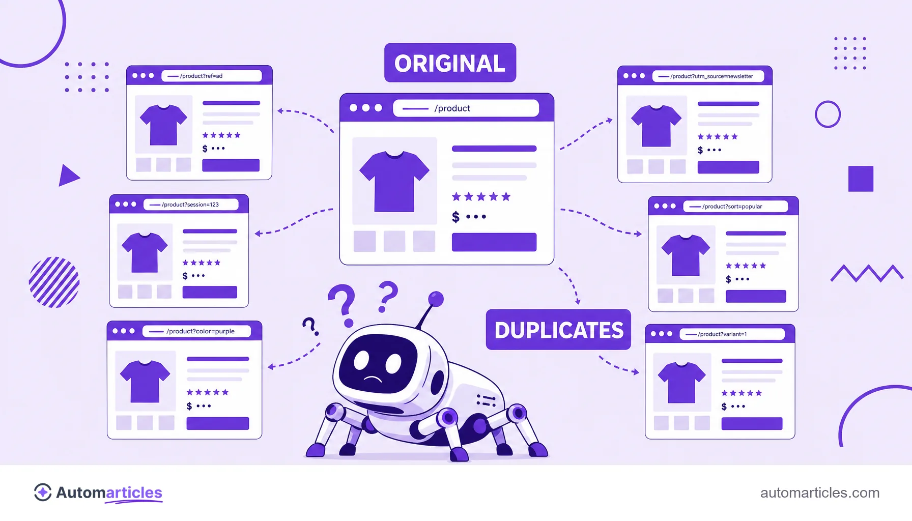 Illustration of an original page surrounded by several nearly identical copies generated by URL parameters.