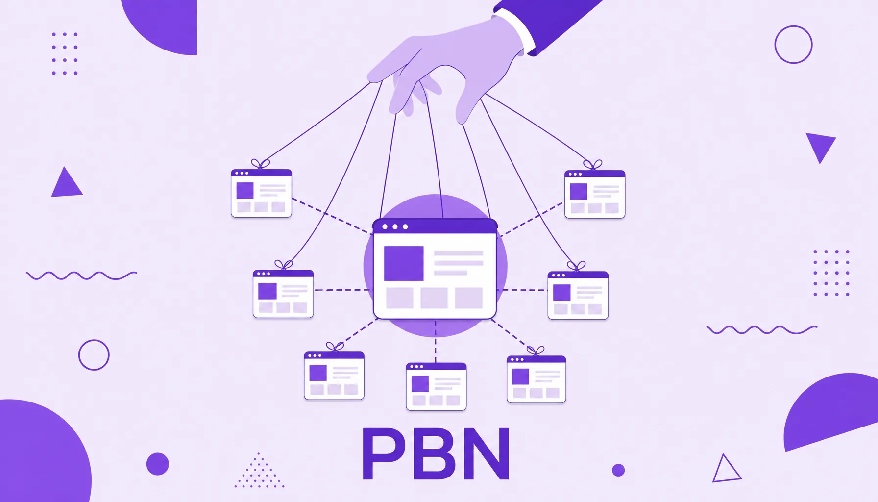 Illustration of several identical sites linked by strings to a main site, representing a private blog network controlled by the same owner.
